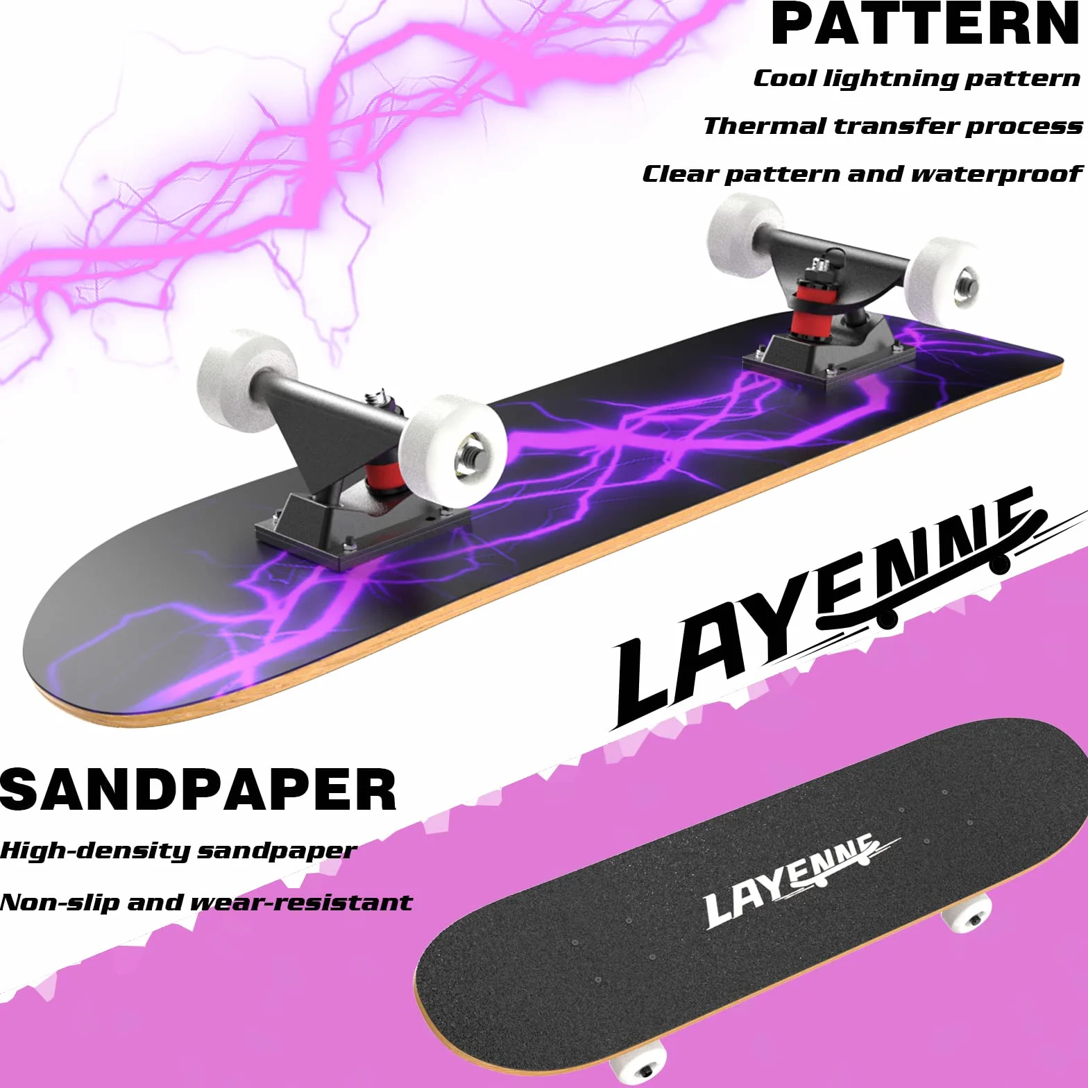 LAYENNE Skateboard,skateboard completo professionale da 31 * 8 pollici,tavola skateboard 7 strati acero,Staffa ABEC-11,adatto per adulto, principianti, ragazzi, ragazze, adolescenti e bambino