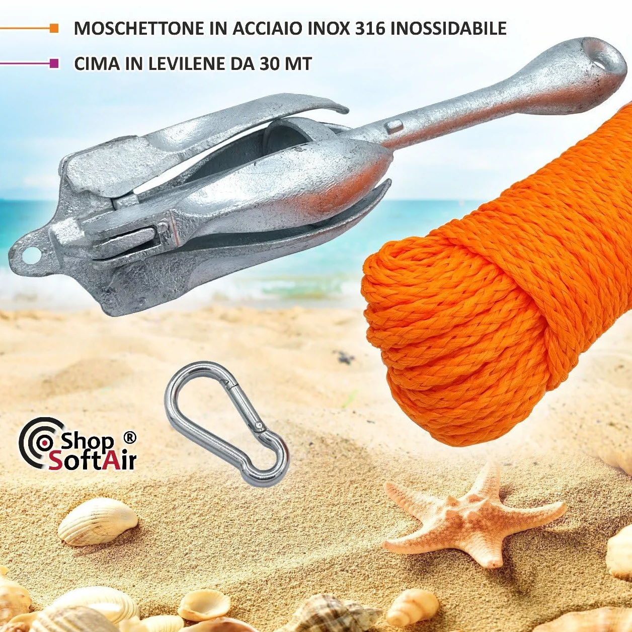 Kit Ancora a Ombrello Pieghevole in Acciaio Zincato e Cima Galleggiante 30 Metri Levilene Arancione Ormeggio e Moschettone in Acciaio Inox Aisi 316