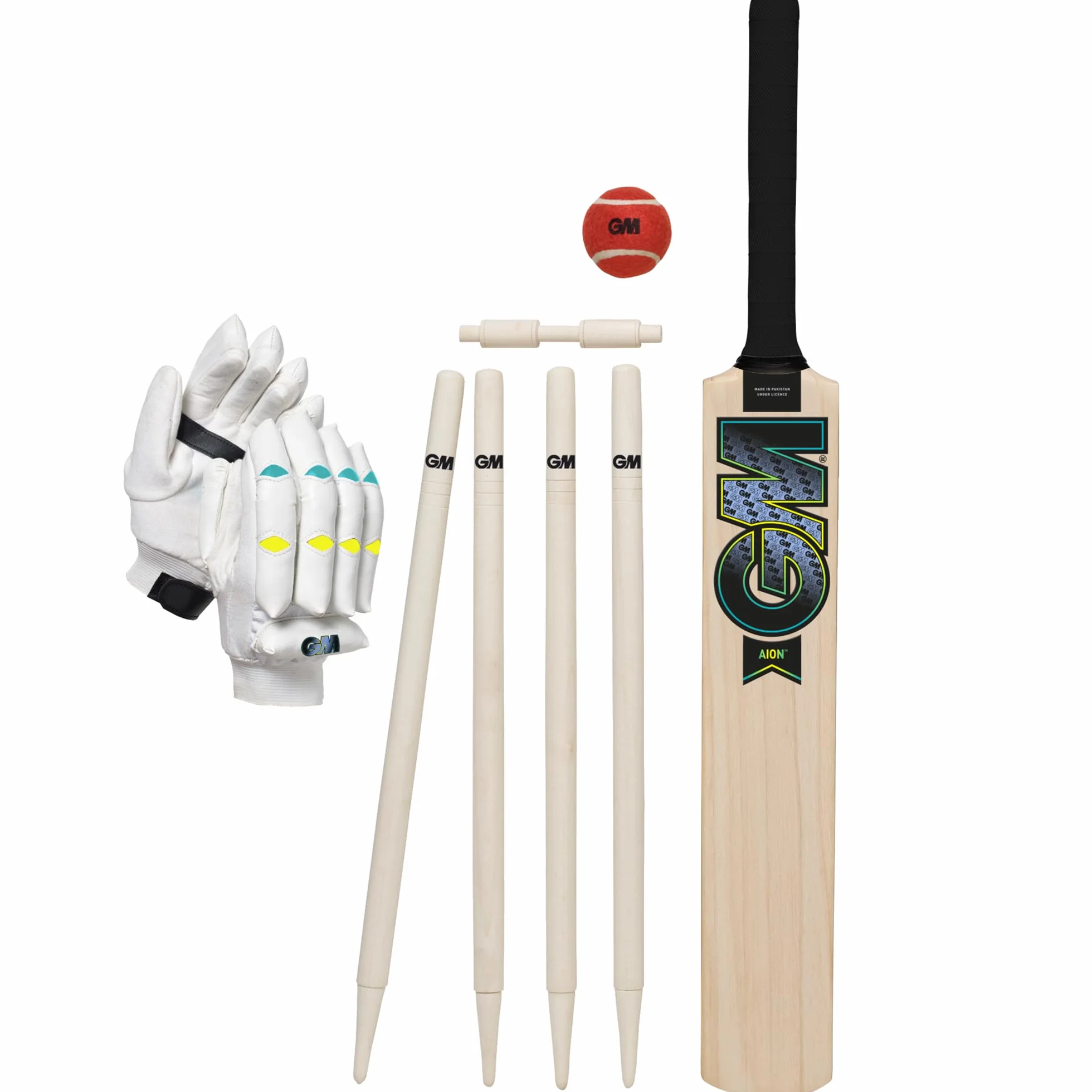 Gunn & Moore GM Young Gunn Cricket Set Aion Wooden Bat Soft Ball Gloves Stumps Bail Carry Bag Sizes 2 4 6