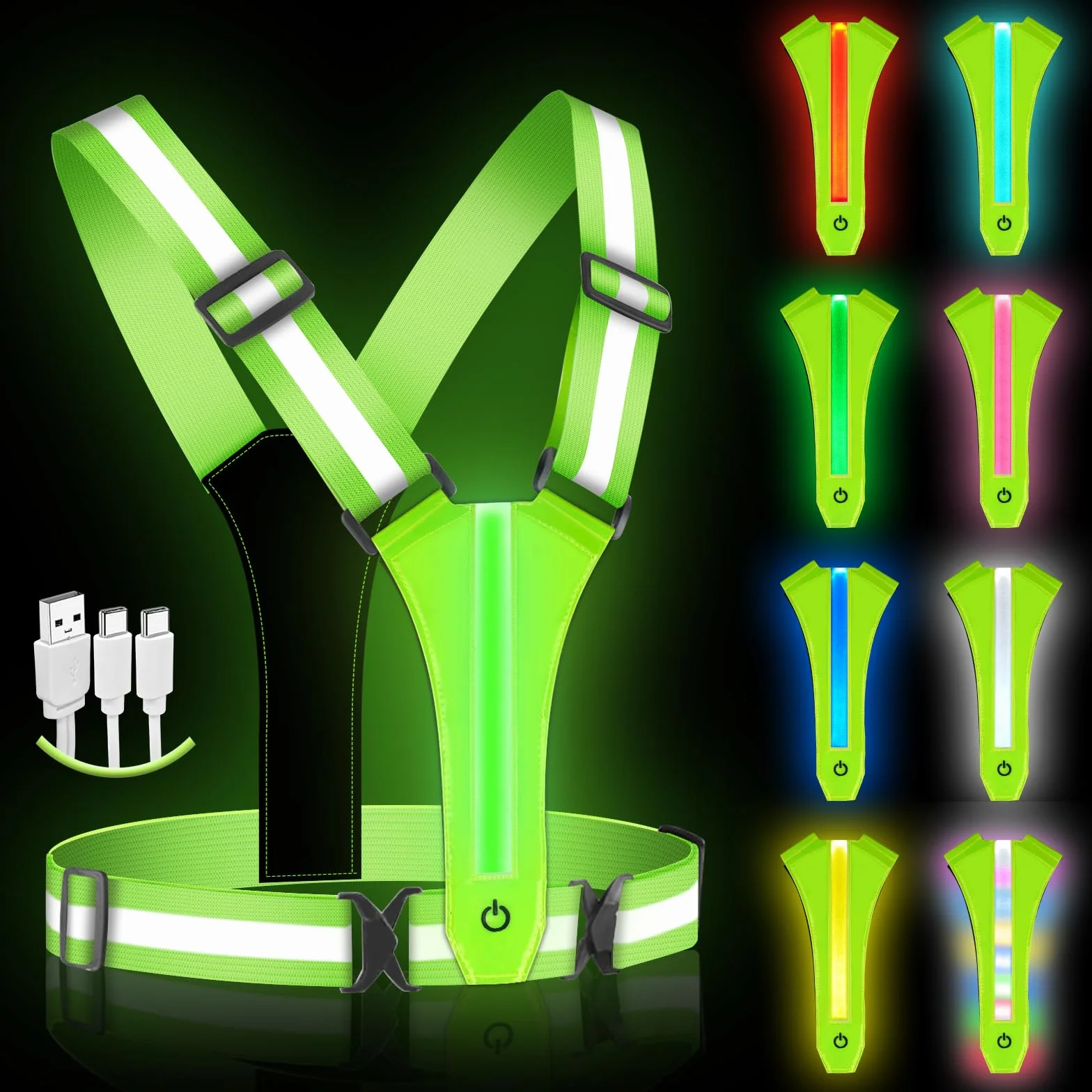 Ainiv LED Bretelle Catarifrangenti 8 Colori Gilet di Sicurezza Ricaricabile USB-C Alta Visibilità Regolabile