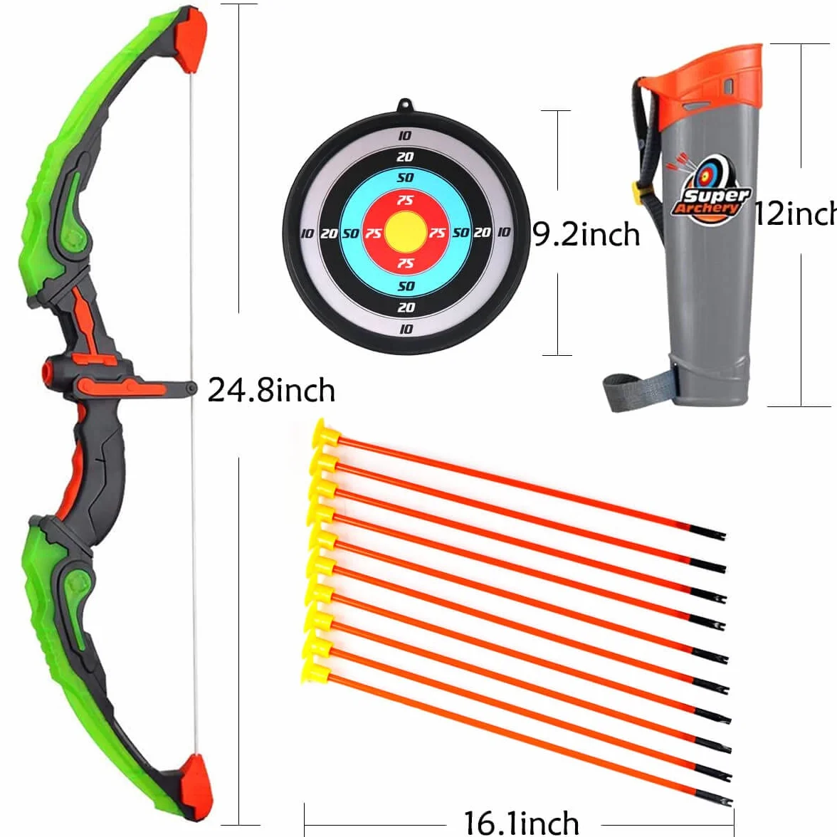 Arco e frecce per bambini con luci LED, kit giocattolo con bersaglio e ventose, 10 frecce