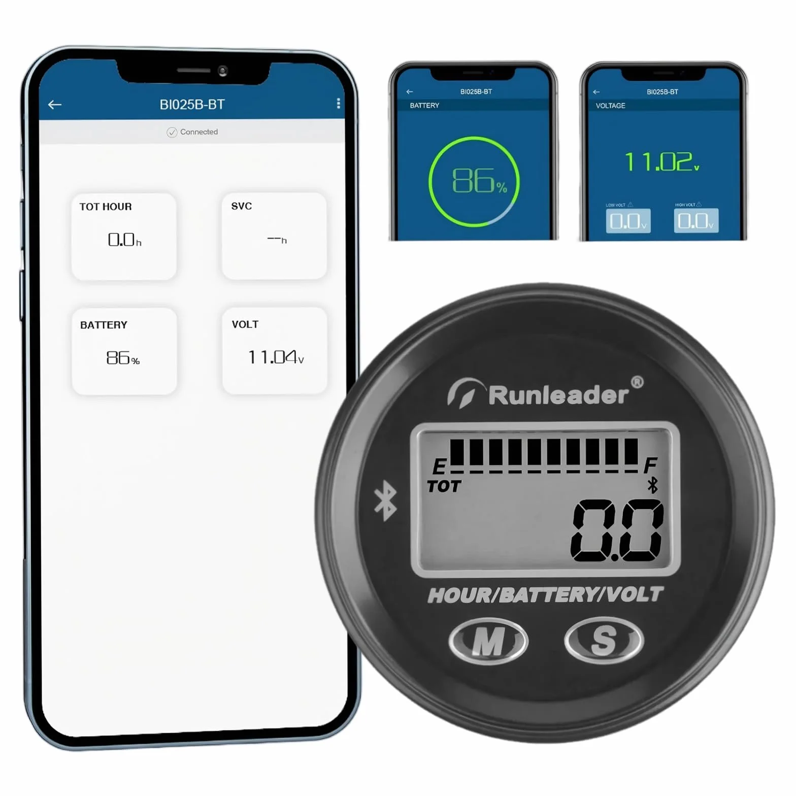 Runleader da 12V a 48V Bluetooth LCD Battery Level Meter,Volt Meter with Alert,Run Hours Record for Lead Acid Trojan GEL AGM LiFePO4 Battery driven Golf car Forklift Go-kart (1)