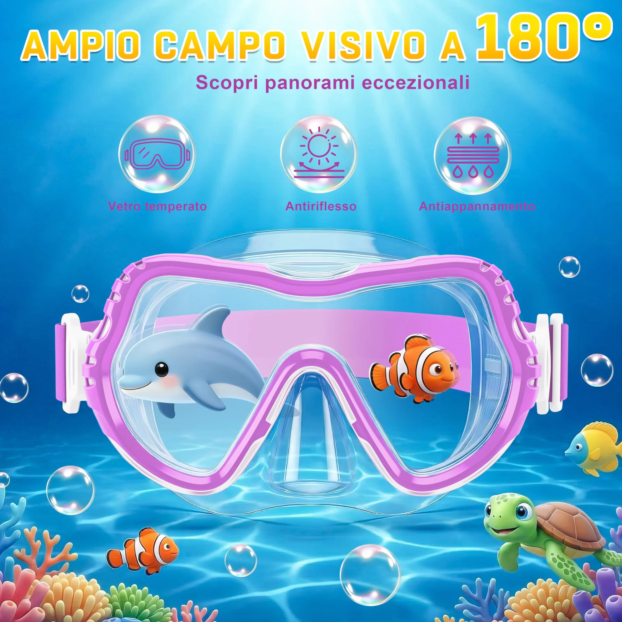 IEEILULU Maschera Subacquea Bambini Occhialini Boccaglio Tappi Impermeabili Retina Antiappannamento Visione Panoramica 180° HD 4 Colori
