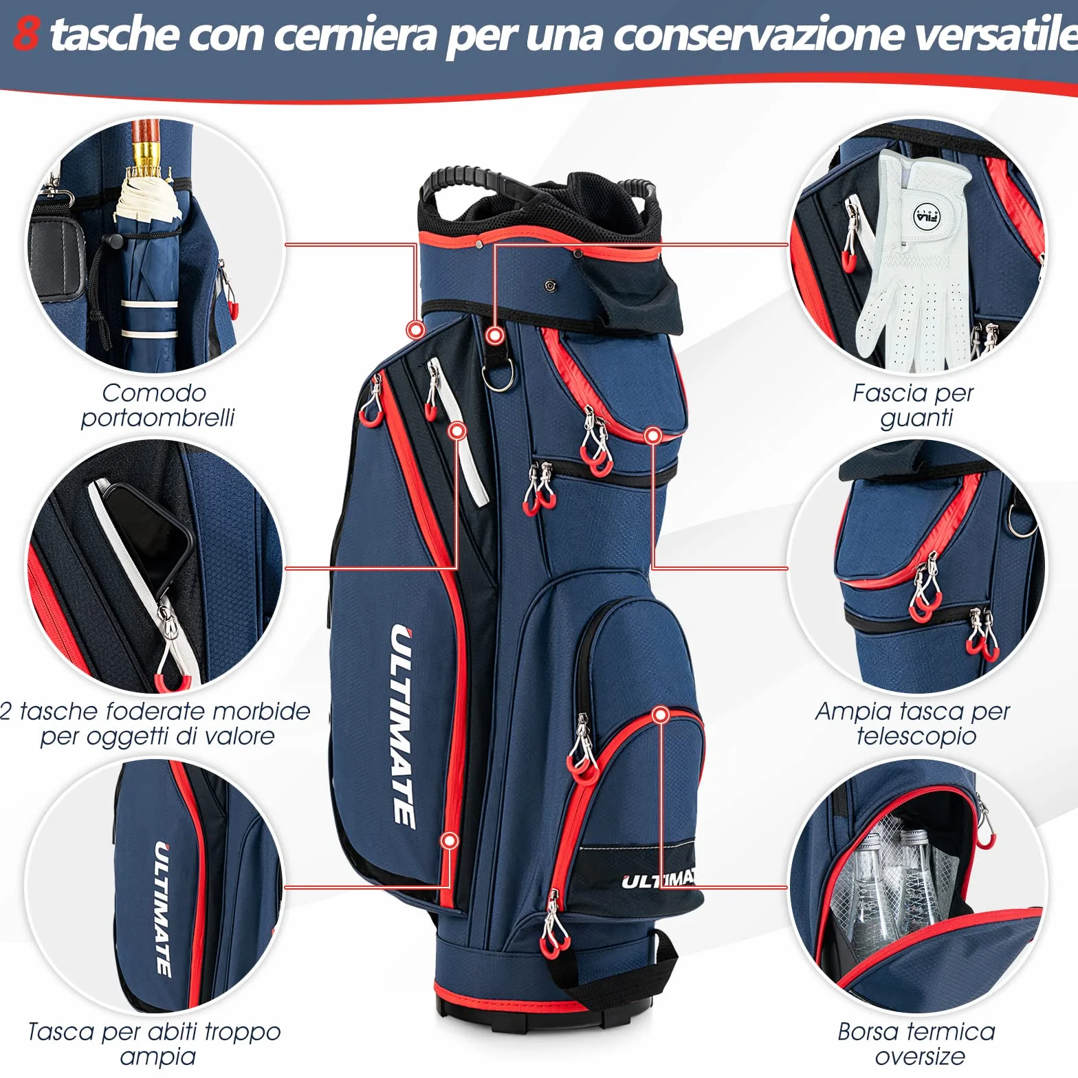 COSTWAY Borsa da Golf Leggera Grande Capacità 14 Divisori 8 Tasche Cappuccio Antipioggia Tracolla Borsa Termica Blu