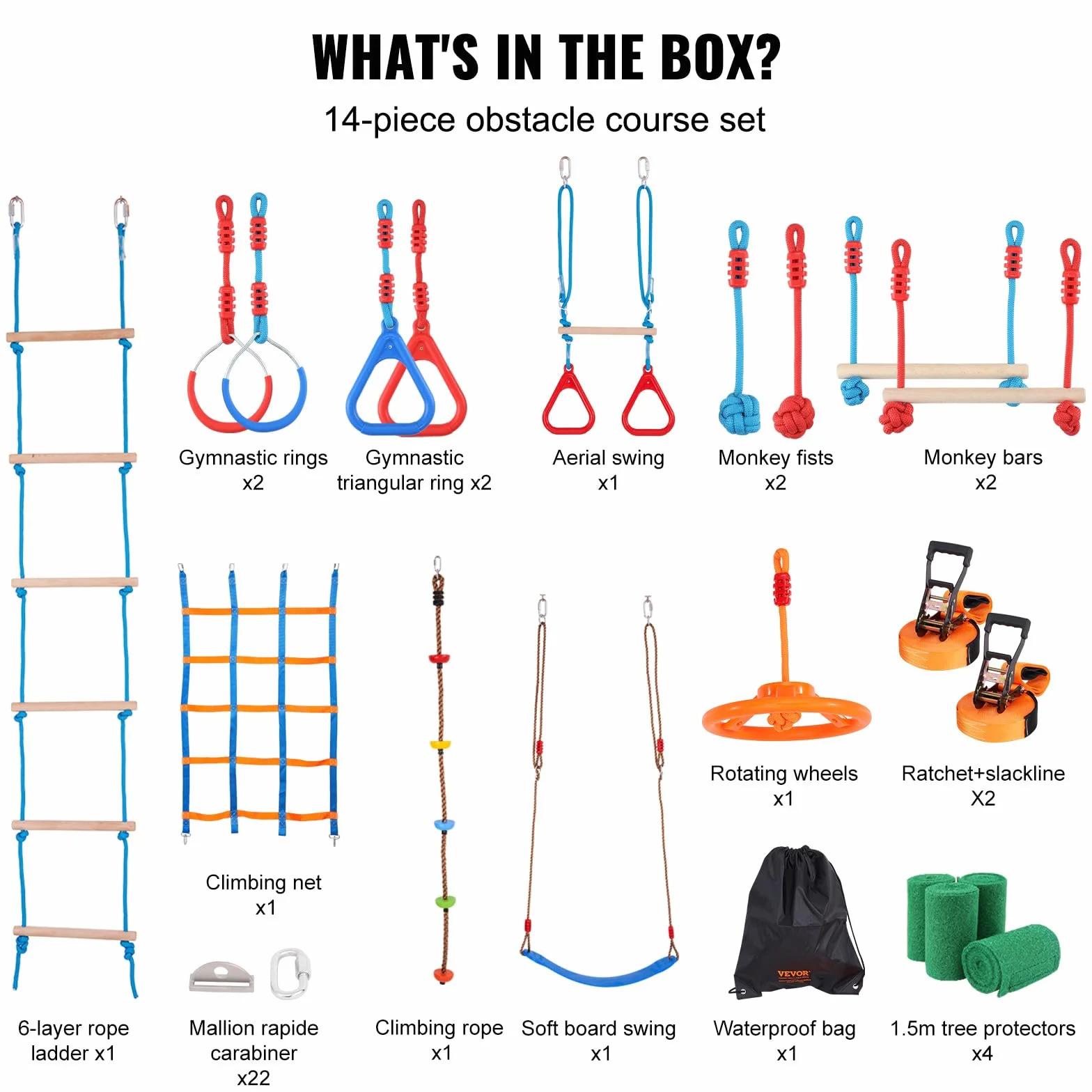 VEVOR Slackline da Arrampicata per Bambini, Kit Percorso a Ostacoli 2x18,29 m 226,8 kg 14 Ostacoli