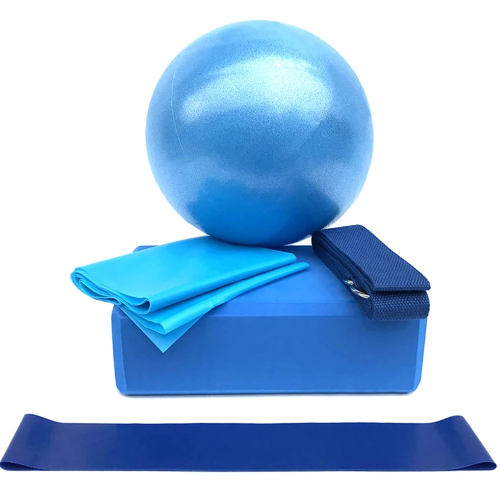 Set Di Attrezzi Da 5 Pezzi Per Yoga Pilates Ball Brick Stretching Strap Resistance Loop Blu Diametro della sfera: 25 cm