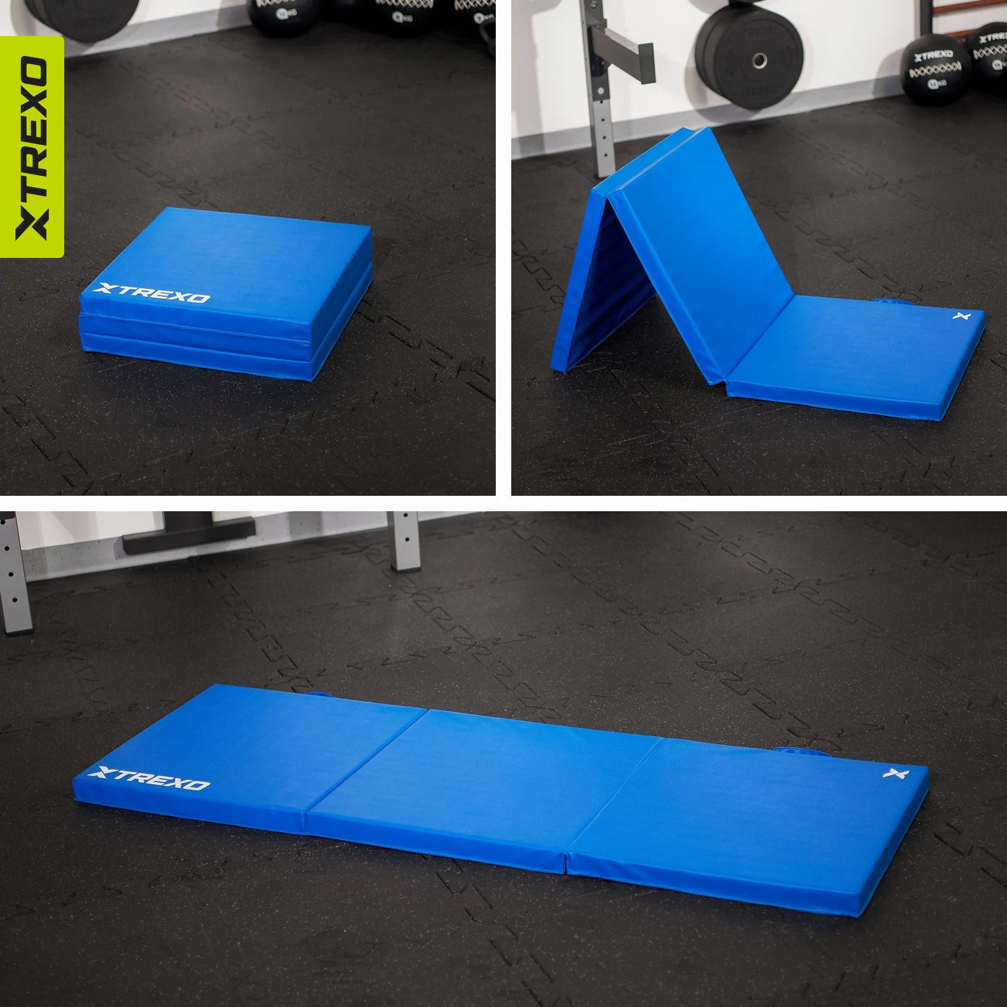XTREXO Materasso da ginnastica pieghevole, 180 x 60 x 5 cm, 3 pezzi, rivestimento in pelle ecologica resistente all'abrasione, schiuma di polietilene flessibile, maniglia per il trasporto, facile da