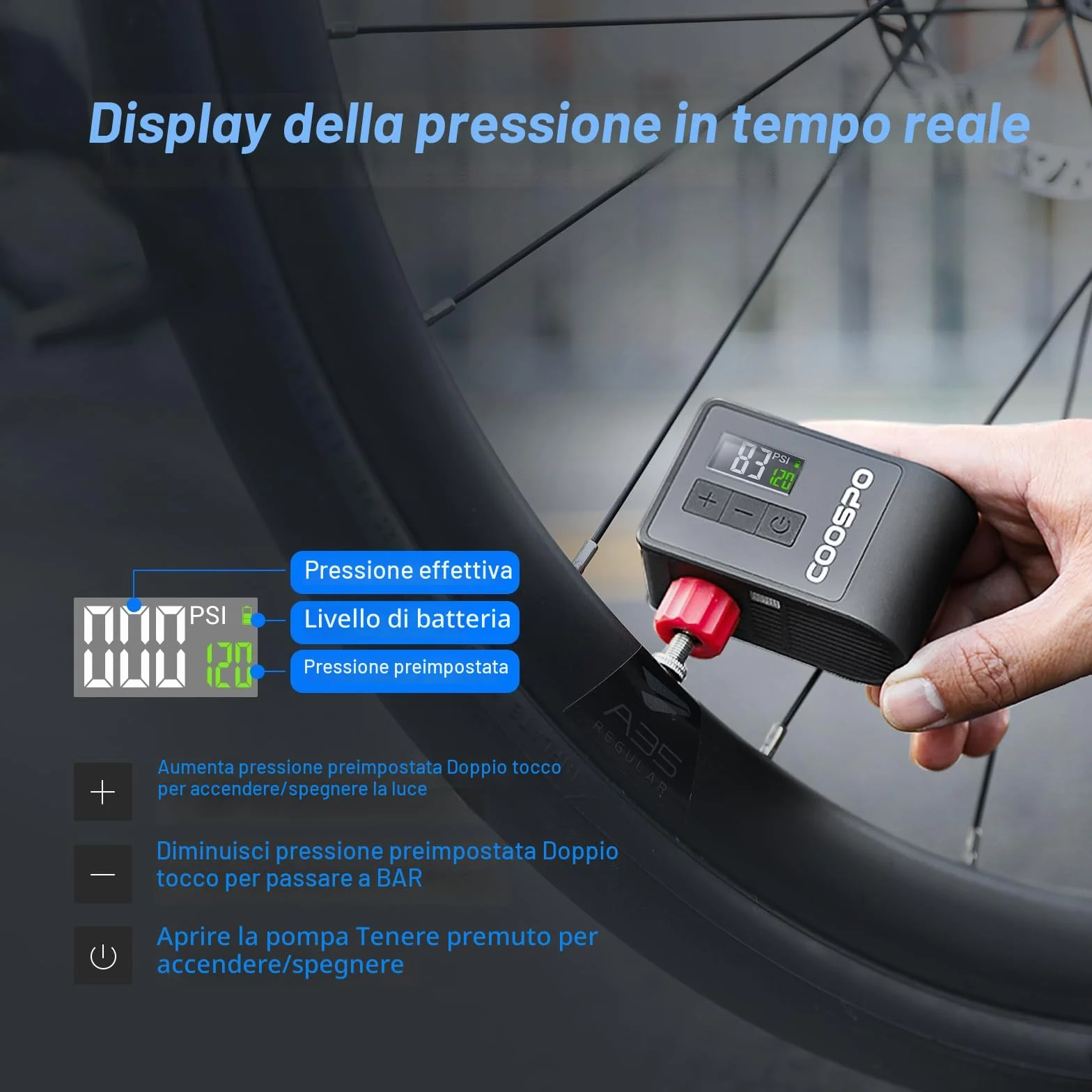CooSpo Mini Pompa Elettrica per Bicicletta, max 120 PSI, Portatile con Spegnimento Automatico, Valvole Presta Schrader