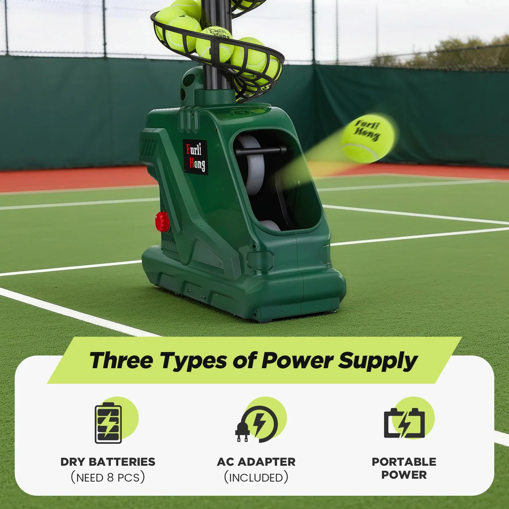 Furlihong 3819BH Macchina per pallina da tennis, 30 MPH, angolo di lancio regolabile, batteria o adattatore 12V