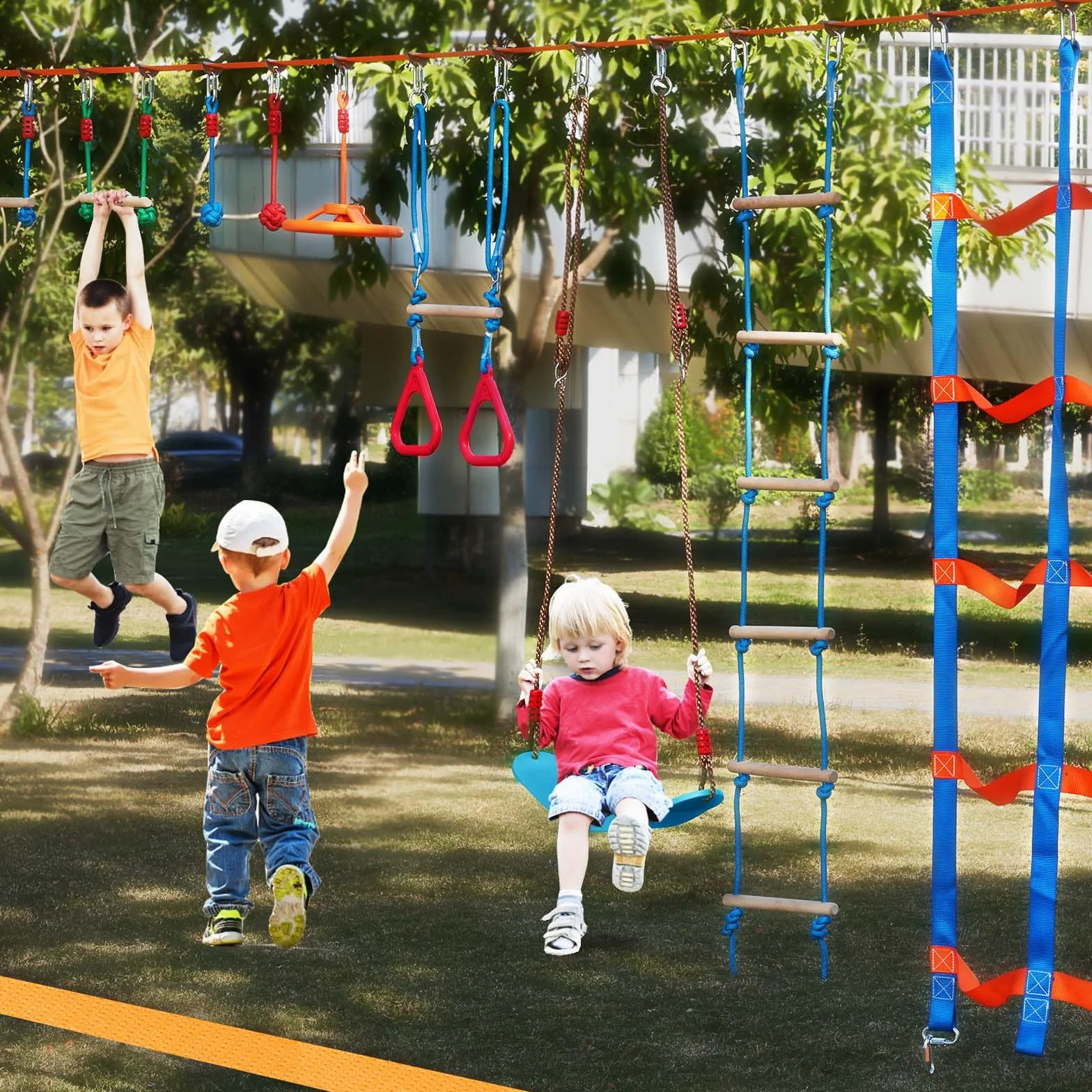 VEVOR Slackline da Arrampicata per Bambini, Kit Percorso a Ostacoli 2x18,29 m 226,8 kg 14 Ostacoli