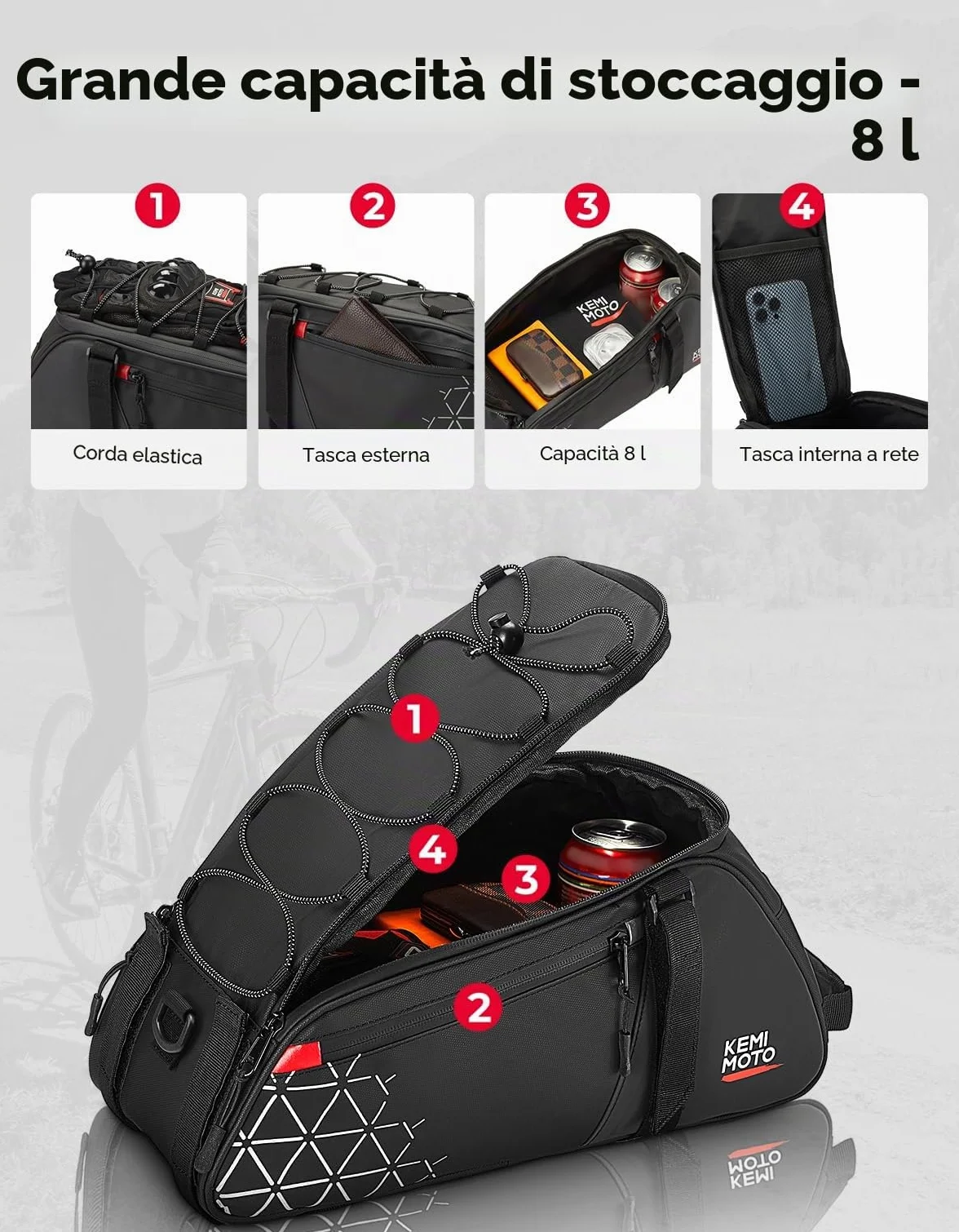 KEMIMOTO 2 in 1 8L Borse per Bici Posteriore Laterali Impermeabile in PVC per Bicicletta Strada Mountain Bike Nero