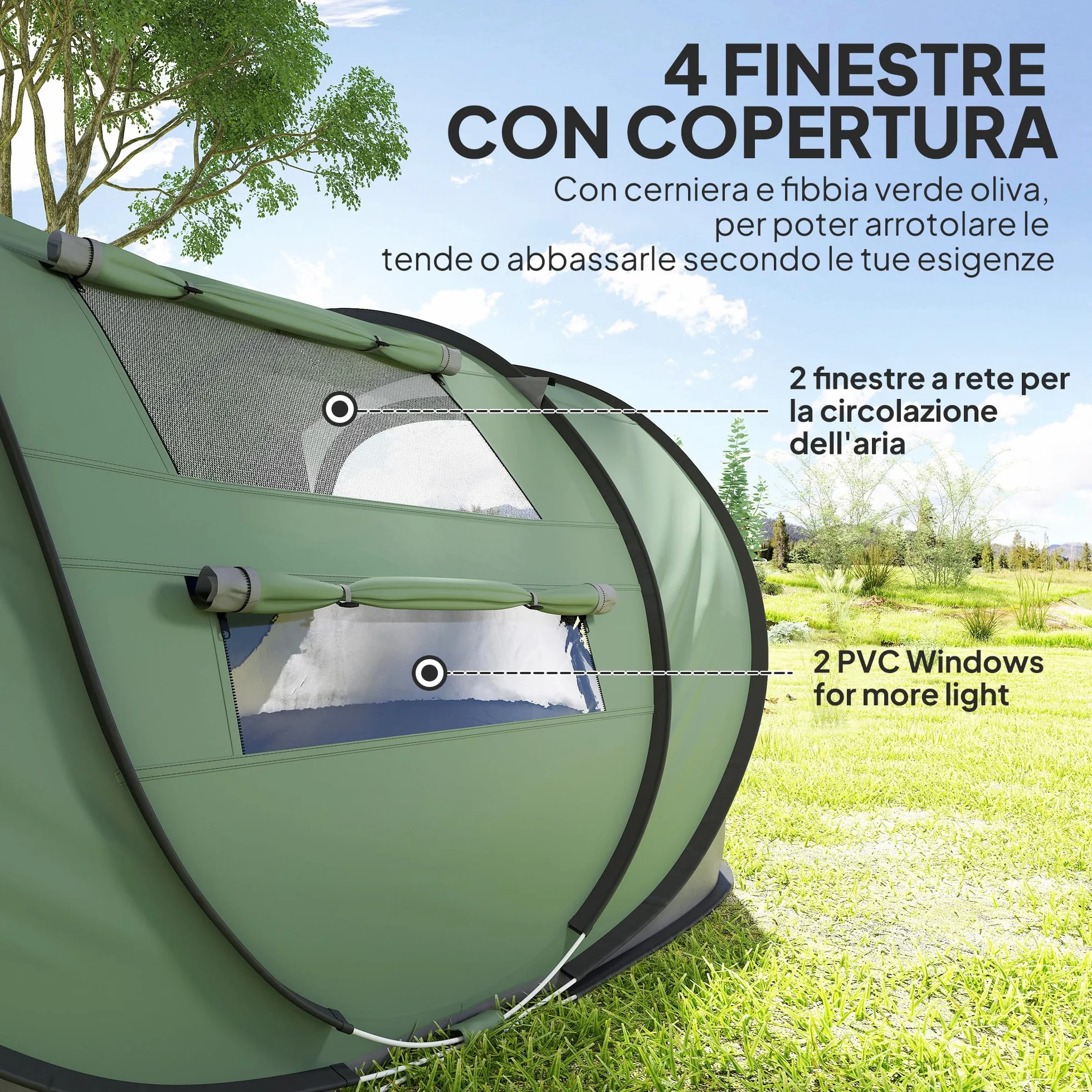 Outsunny Tenda da Campeggio Pop Up 2 Posti Impermeabile 263.5x220x123 cm Verde Scuro