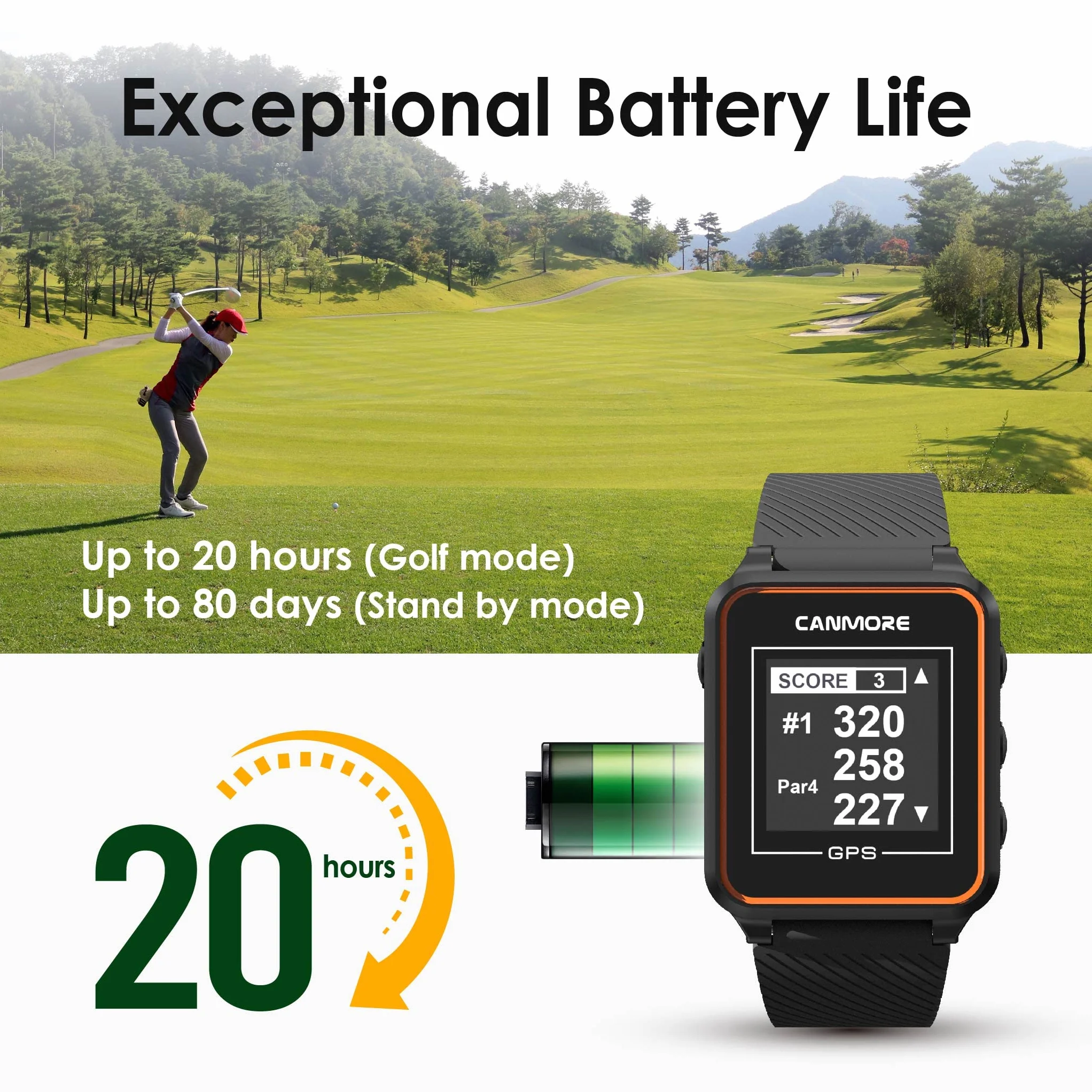 CANMORE TW356 Orologio GPS da golf con mappe mondiali precaricate, display LCD, Arancia