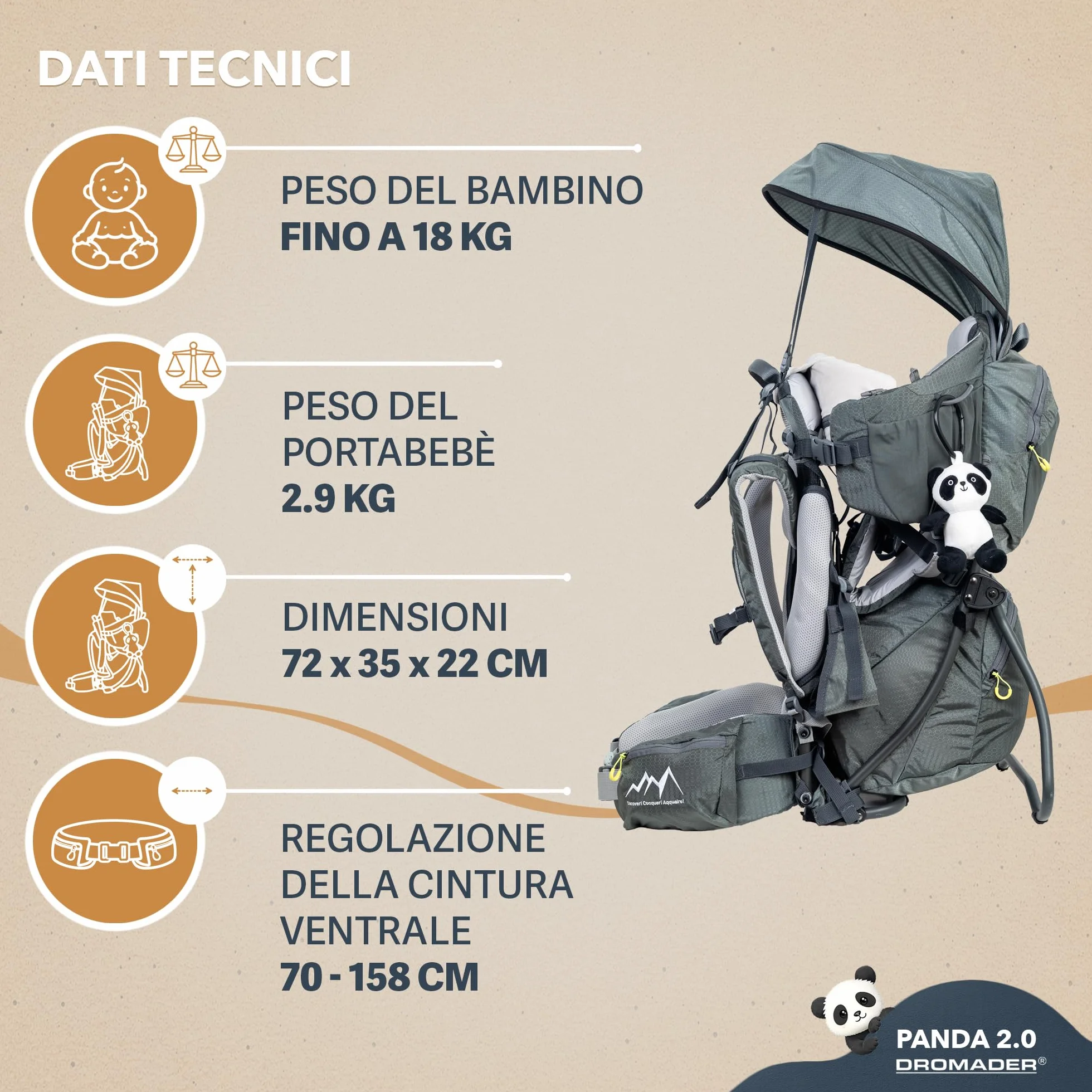 DROMADER Zaino Porta Bambino Montagna con Sedile Regolabile e Parasole Retrattile