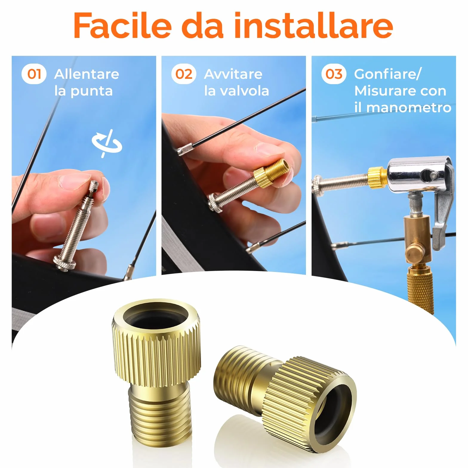 ETENWOLF Adattatore valvola Presta ottone 4 pezzi convertitore Presta-Schrader con 8 tappi