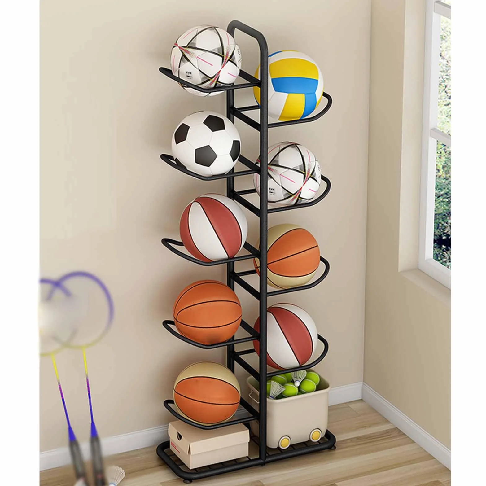 Portaoggetti per palloni Supporto da Calcio per Basket capacità 5/7/9 Espositore Verticale
