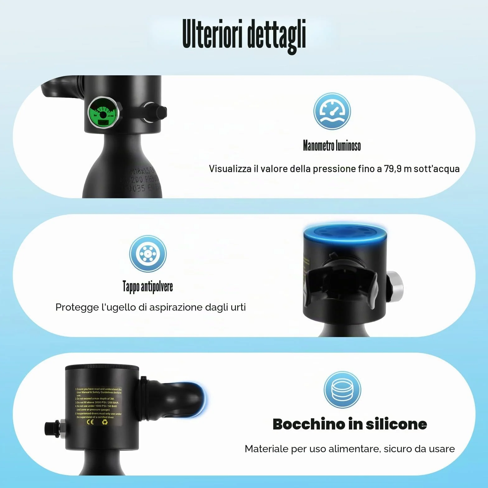 Mini Bombola di Ossigeno 0,5L Portatile per Immersioni con Misuratore di Pressione Impermeabile Illuminato 15-20 Minuti