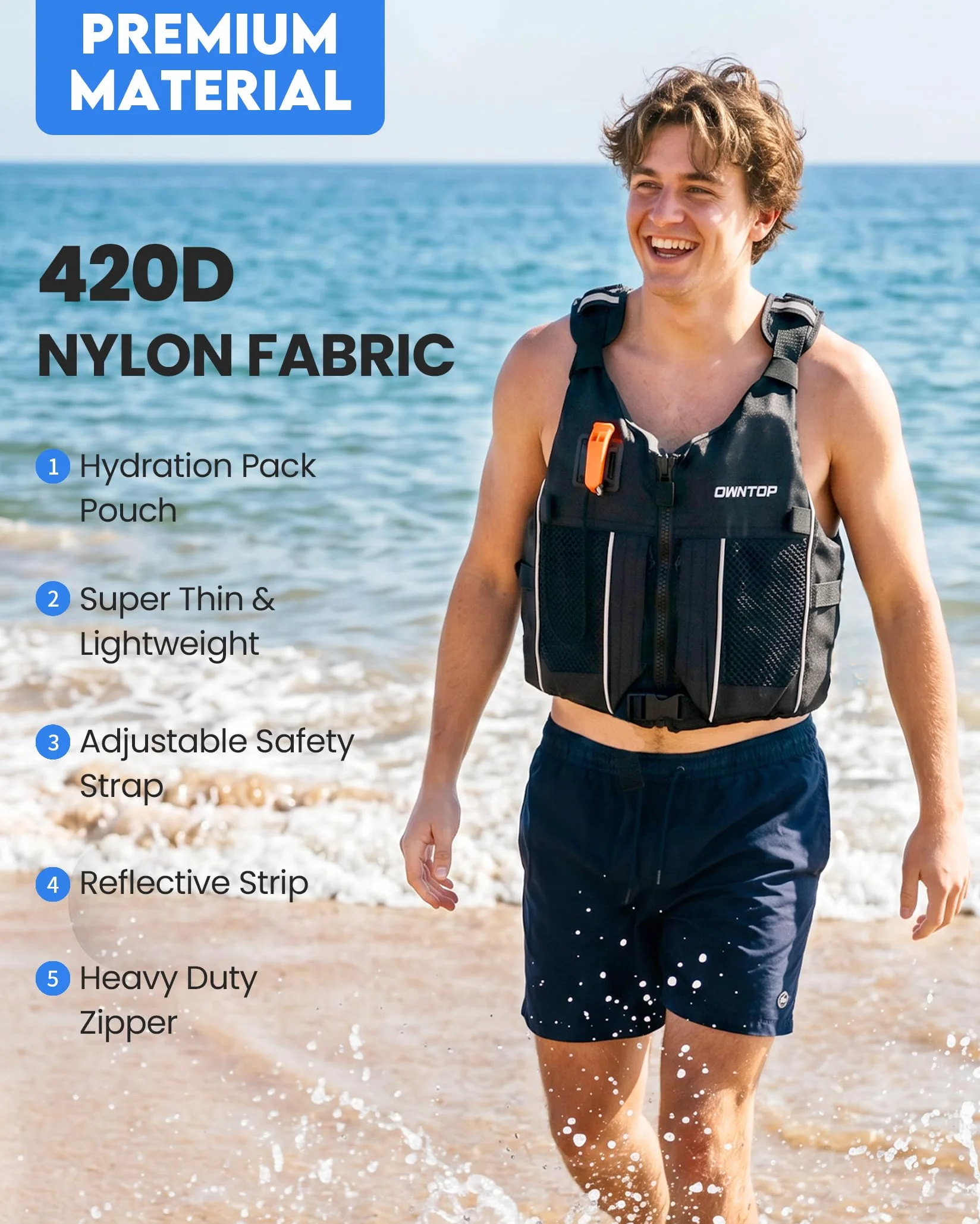 Owntop Aiuti per La Galleggiabilità per Adulti e Adolescenti con Zaino Idratazione, Fischietto e Tasche - Giubbotto Galleggiante Regolabile Gilet da Nuoto Unisex per Paddleboard, Kayak, Pesca, Vela