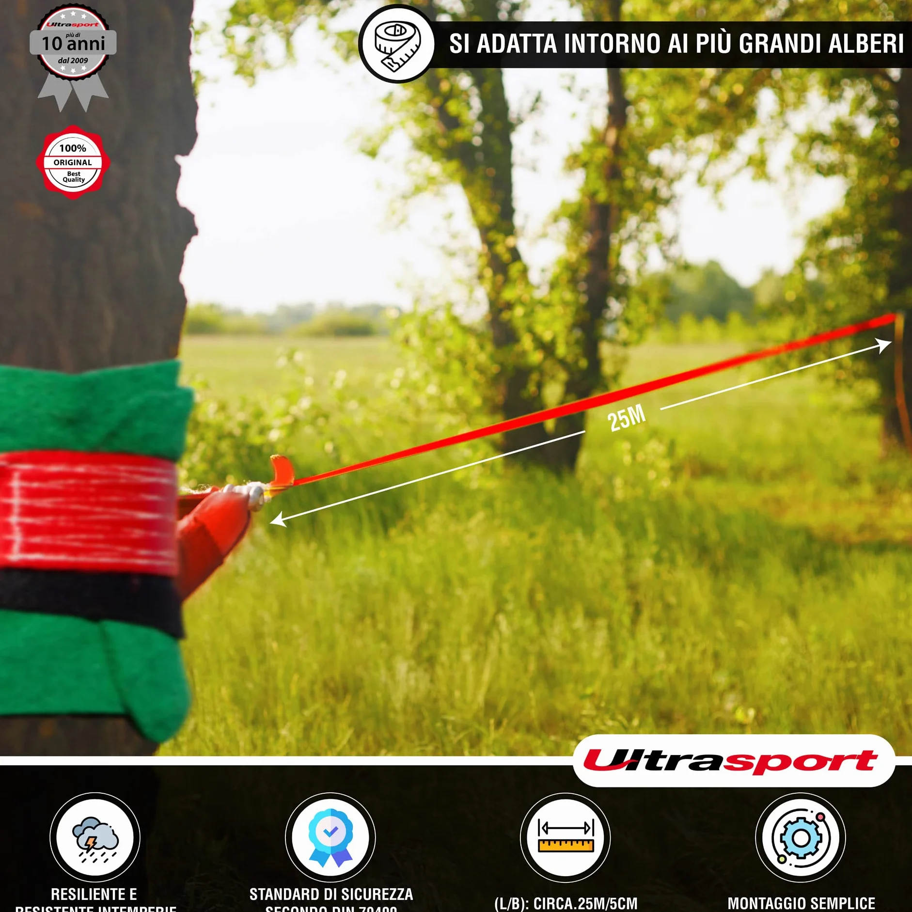 Ultrasport Slackline 15m-25m Set Completo con Cricchetto e Borsa Trasporto, Certificato TÜV GS