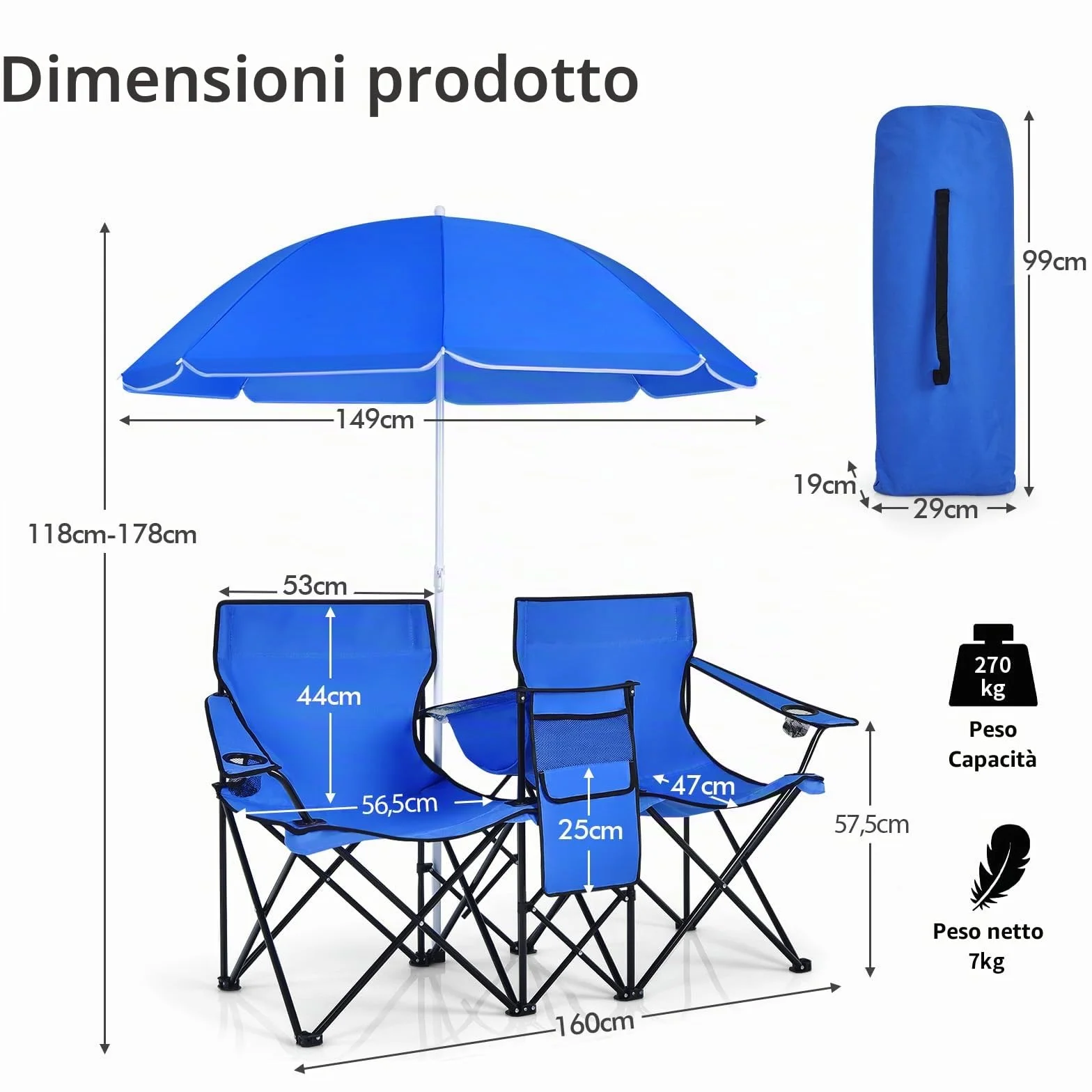 KOMFOTTEU Sedia Pieghevole da Campeggio Doppia, 2 Sedie da Esterno con Tettuccio Parasole Regolabile, Borsa Frigo e Portabevande (Blu)