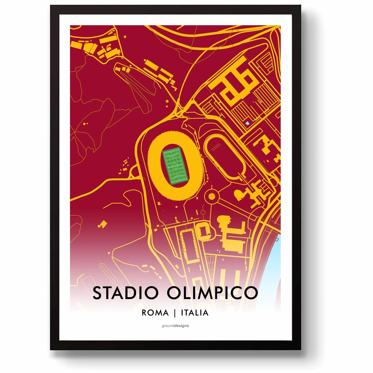 GroundDesigns A.S. ROMA Football Gift STADIO OLIMPICO Roma Italia 90 Stadio Art Map A3 Stampa