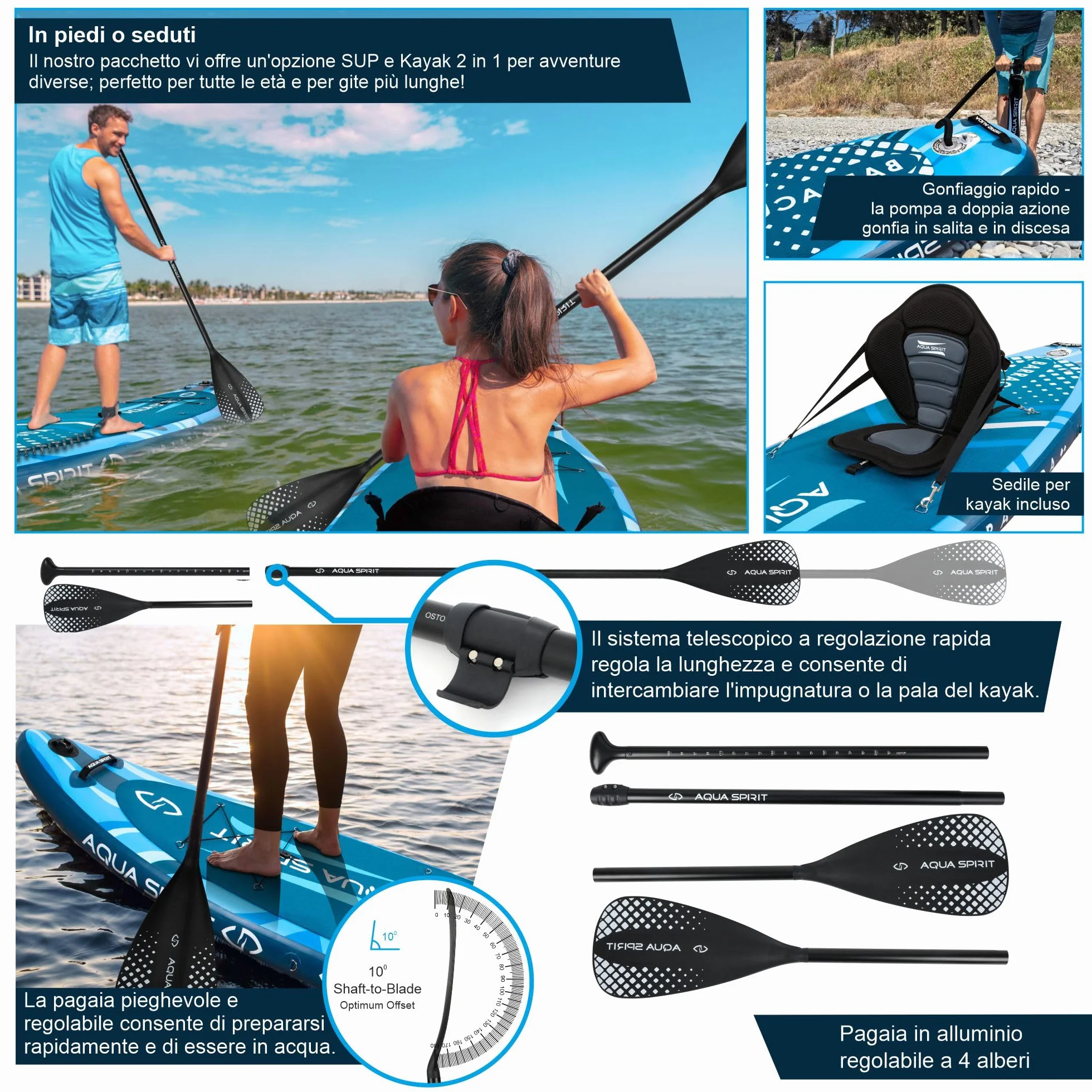 Aqua Spirit Tavola gonfiabile SUP paddle 3 m 10 m 3,8 m 4,5 m 45 cm kit convertibile SUP kayak pagaia zaino pompa