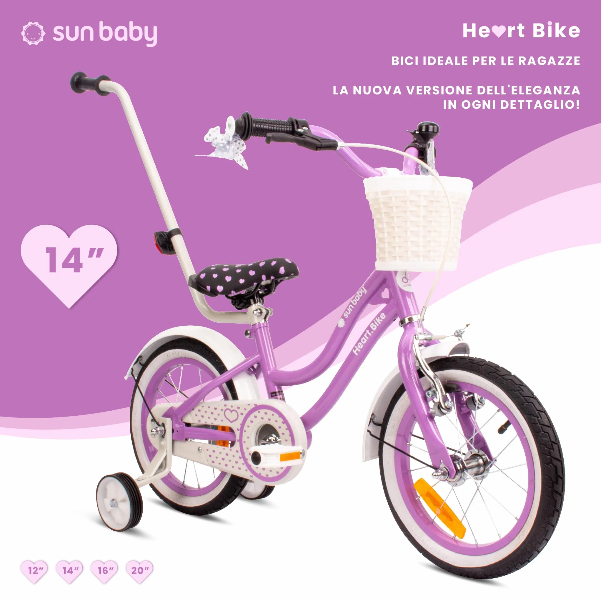 Sun Baby Heart Bike Bicicletta bambina 12/14/16 pollici, bici con rotelle, barra di spinta, cestino, campanello