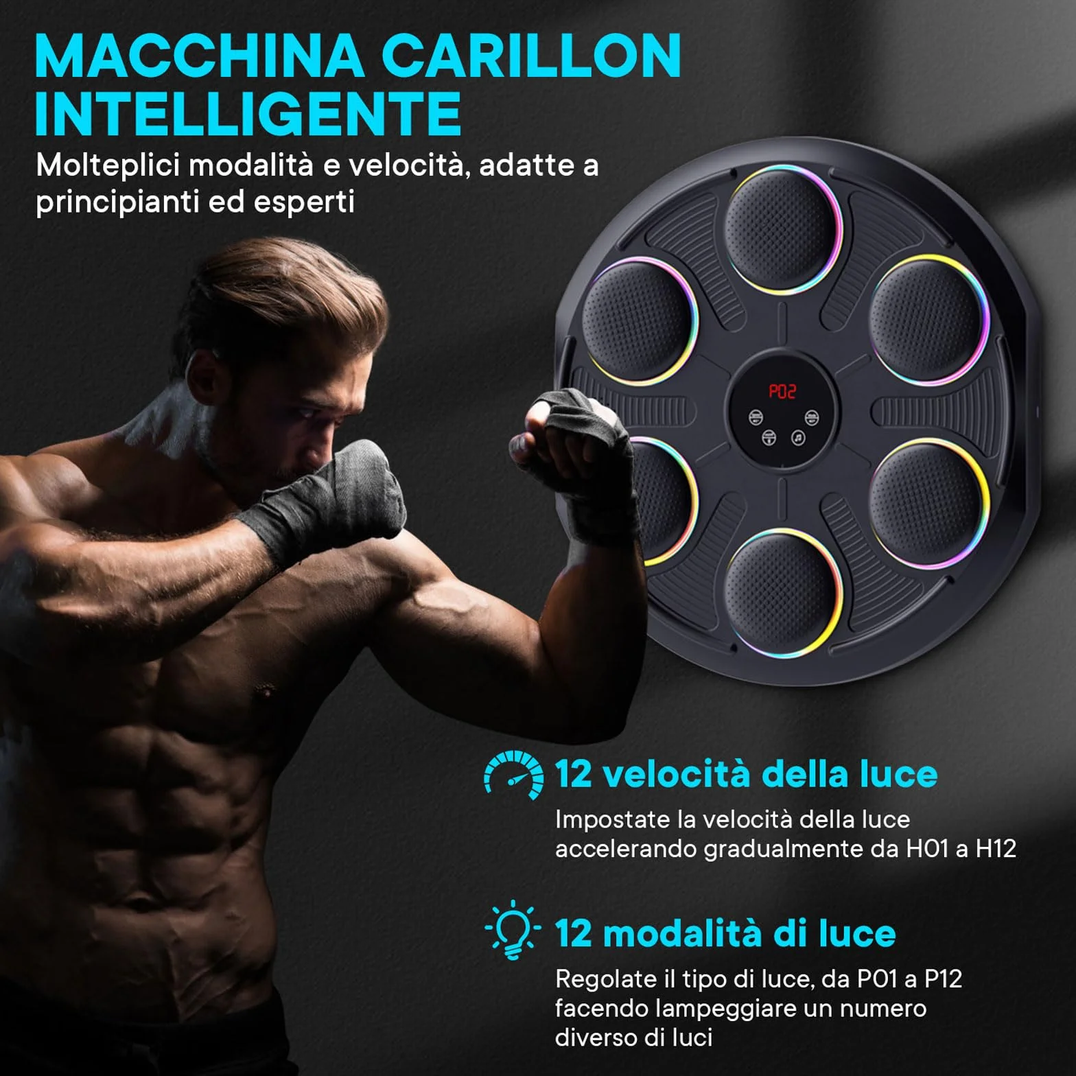 Music Boxing Machine - Tirapugni Musicale da Parete con 12 velocità e modalità Luce, Bluetooth, Macchina da Boxe per Allenamento Casa, Include Guanti MMA, per Allenamento Casa Adulti