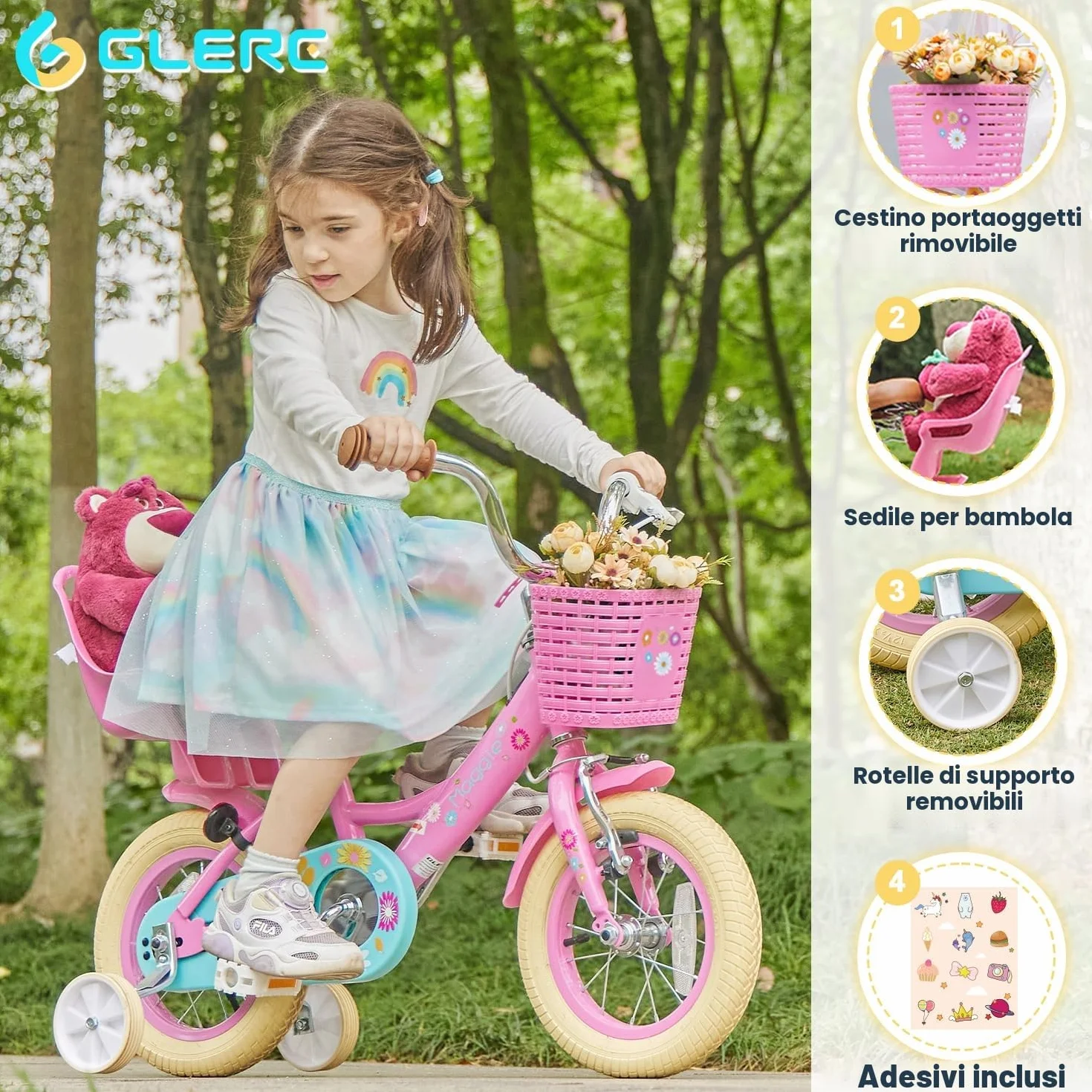 Glerc Bicicletta bambine 40,6 cm 2-7 anni con cestino ruote campanello colori assortiti