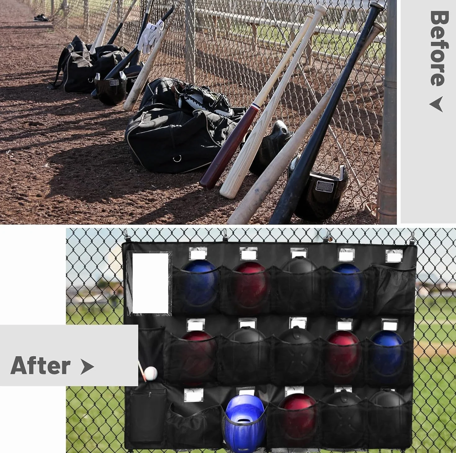 BOOSTEADY Set Completo Organizzatore per Caschi da Baseball con Rastrelliera per Mazze, Borsa di Trasporto e Targhette Nome, Sistema di Stoccaggio Pratico per l'Attrezzatura da Squadra