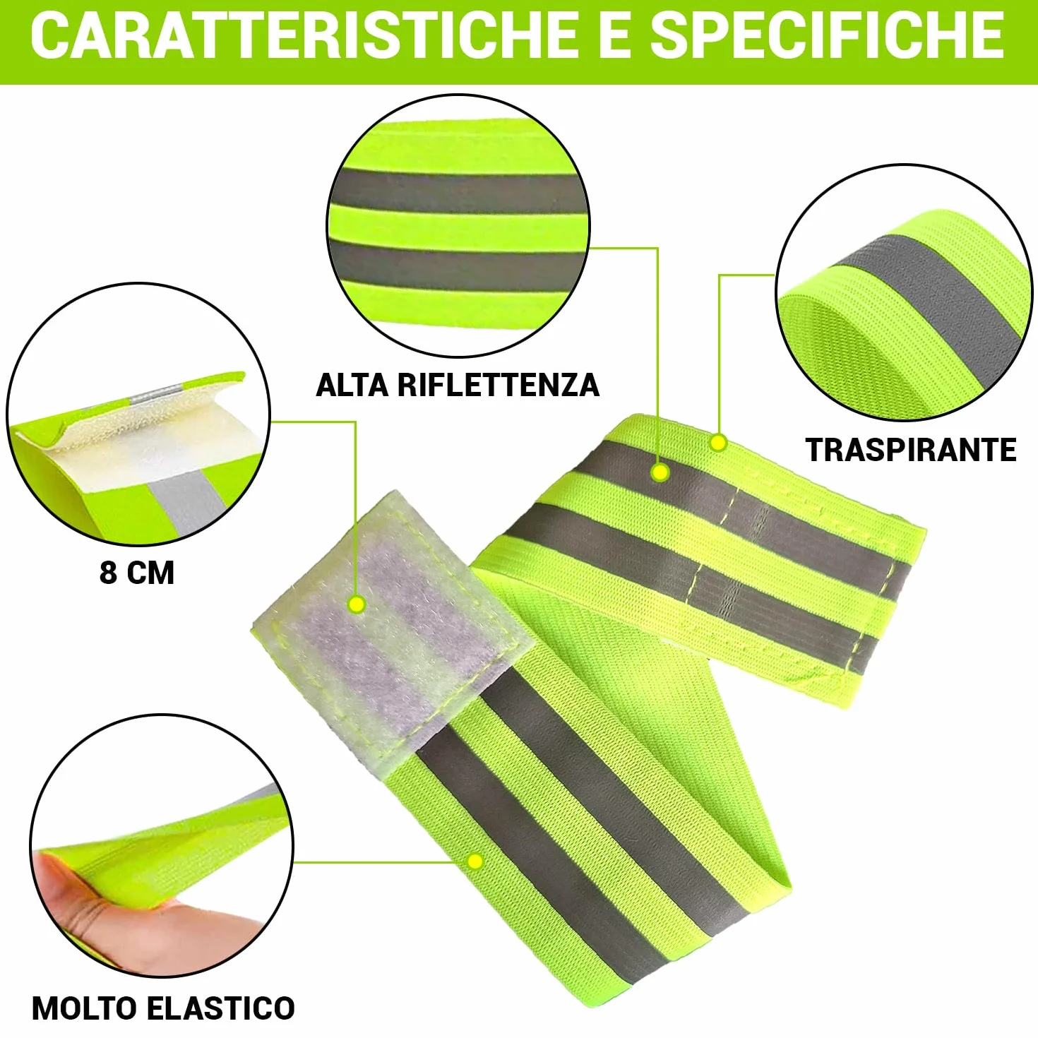 Bracciali Riflettenti a Doppia Striscia 5 cm Chiusura Regolabile 8 cm Visibilità 360° per Braccia Gambe Caviglie