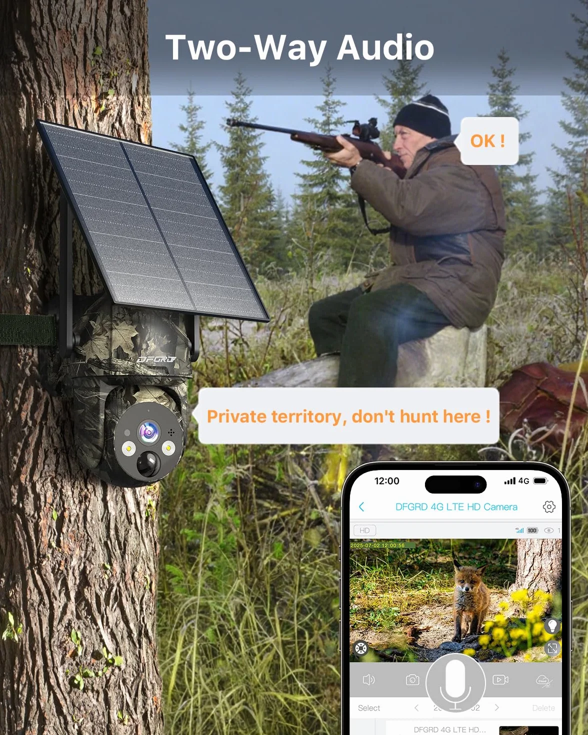 Fototrappola 4G LTE con SIM, 2K Telecamera Esterna Pannello Solare, 360° PTZ Visione Notturna Colori, Rilevamento PIR, IP66