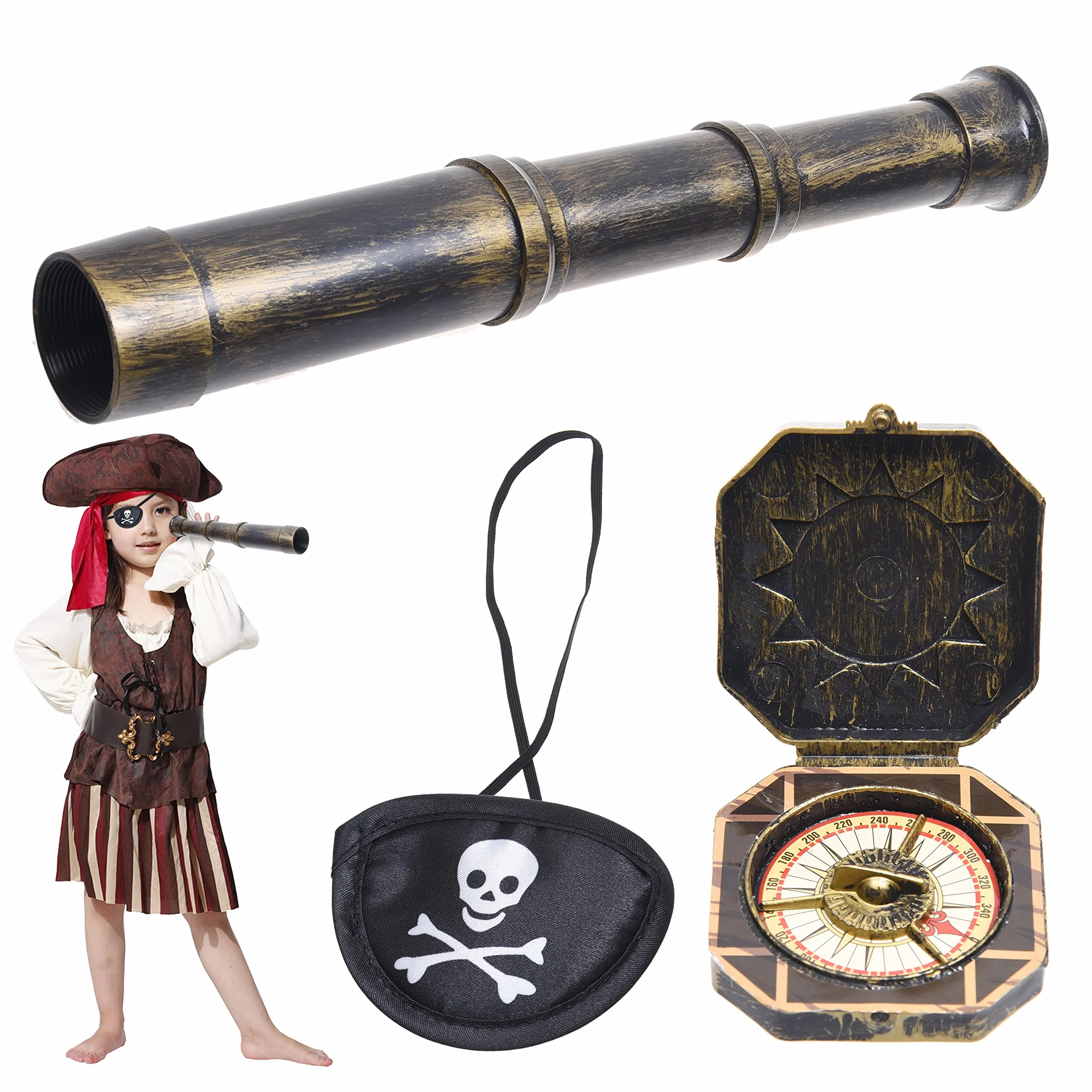 Pirata Cannocchiale Telescopio e Bussola di Scena con Benda sull'Occhio - Accessori per Feste Vintage