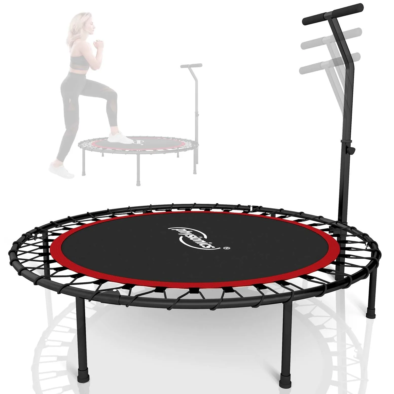 Physionics® Mini trampolino per fitness, pieghevole, manico regolabile in altezza, diametro 101 cm, fino a 120 kg, uso interno/esterno, colore a scelta, trampolino da palestra, aerobica per adulti e