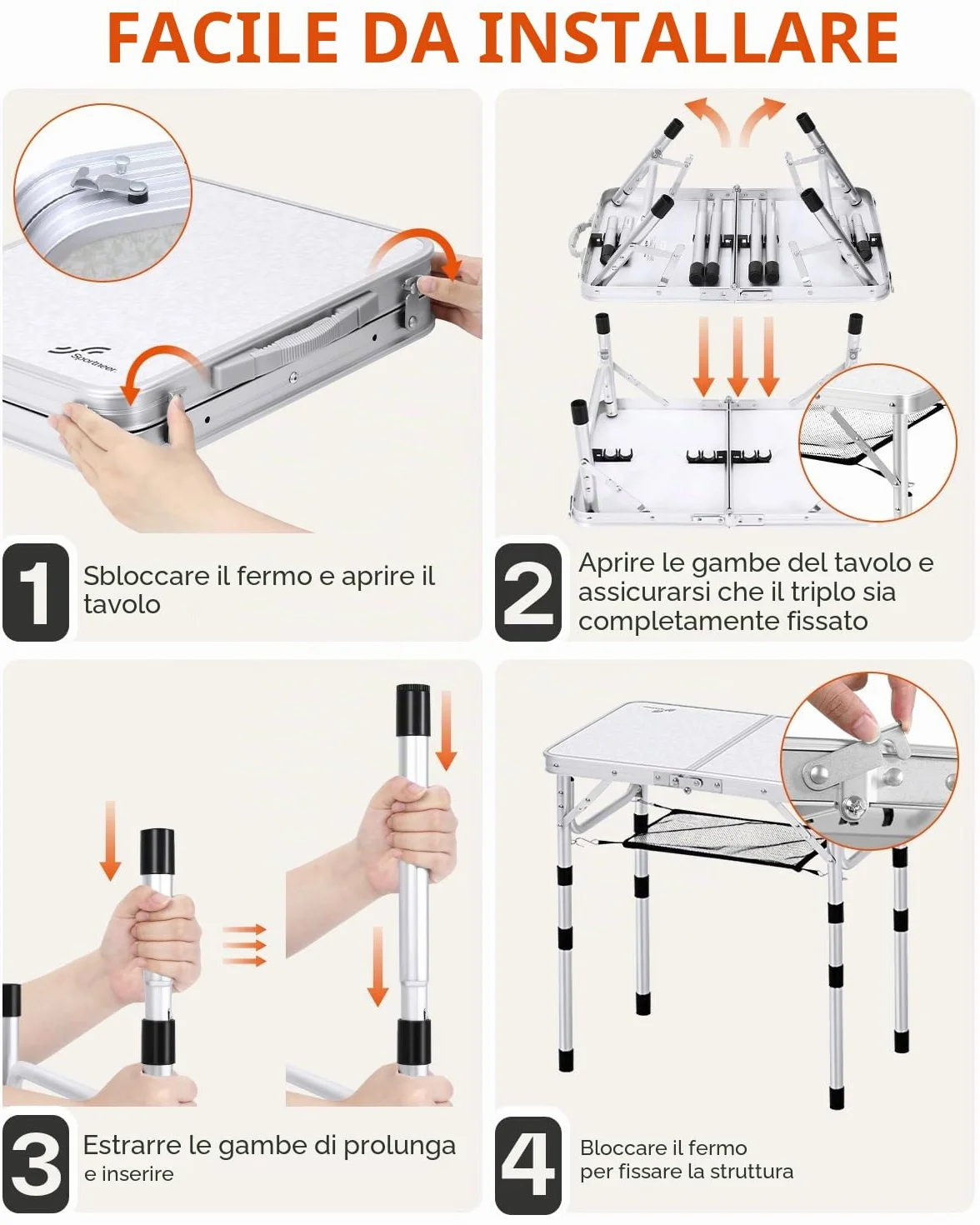 Sportneer Pieghevole Tavolino da Campeggio 60×40 cm Regolabile in Altezza 4 Altezze Portatile Bianco