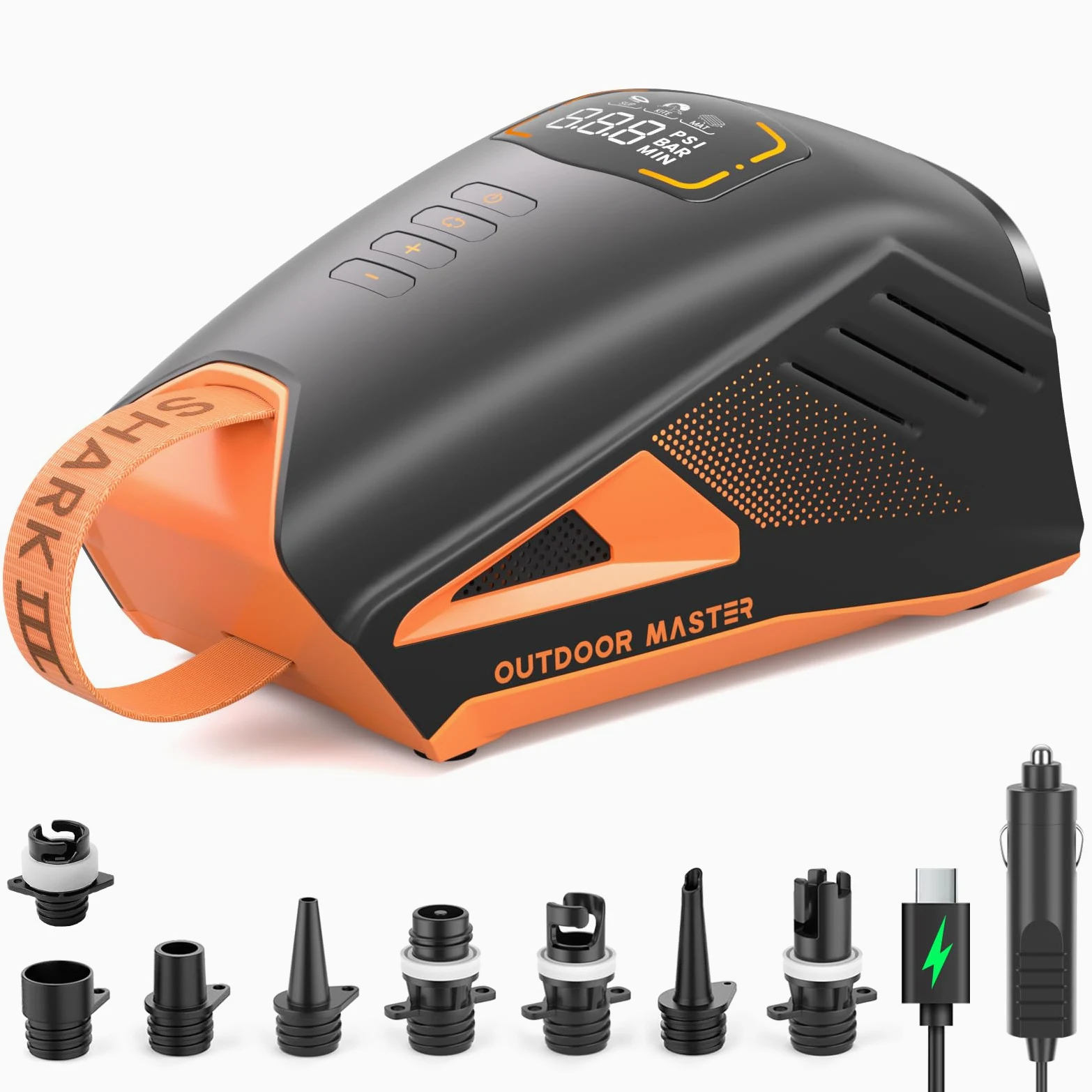 OutdoorMaster Shark 3 Pompa ad Aria Elettrica - 3'50" Gonfiaggio Rapido, 20PSI Pompa a Batteria Ricaricabile 74Wh, Auto-Off & Deflation, 12V/15.8V DC & Type-C Input, 8 Ugelli per Gommoni, Barche