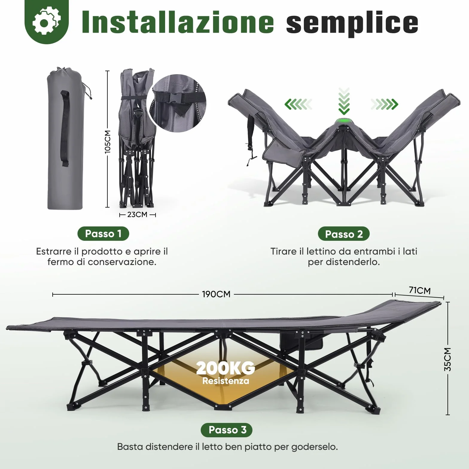Sekey Letto da campeggio pieghevole XXL 190x71x35 cm extra largo tubi acciaio rinforzato tessuto Oxford pesca campeggio
