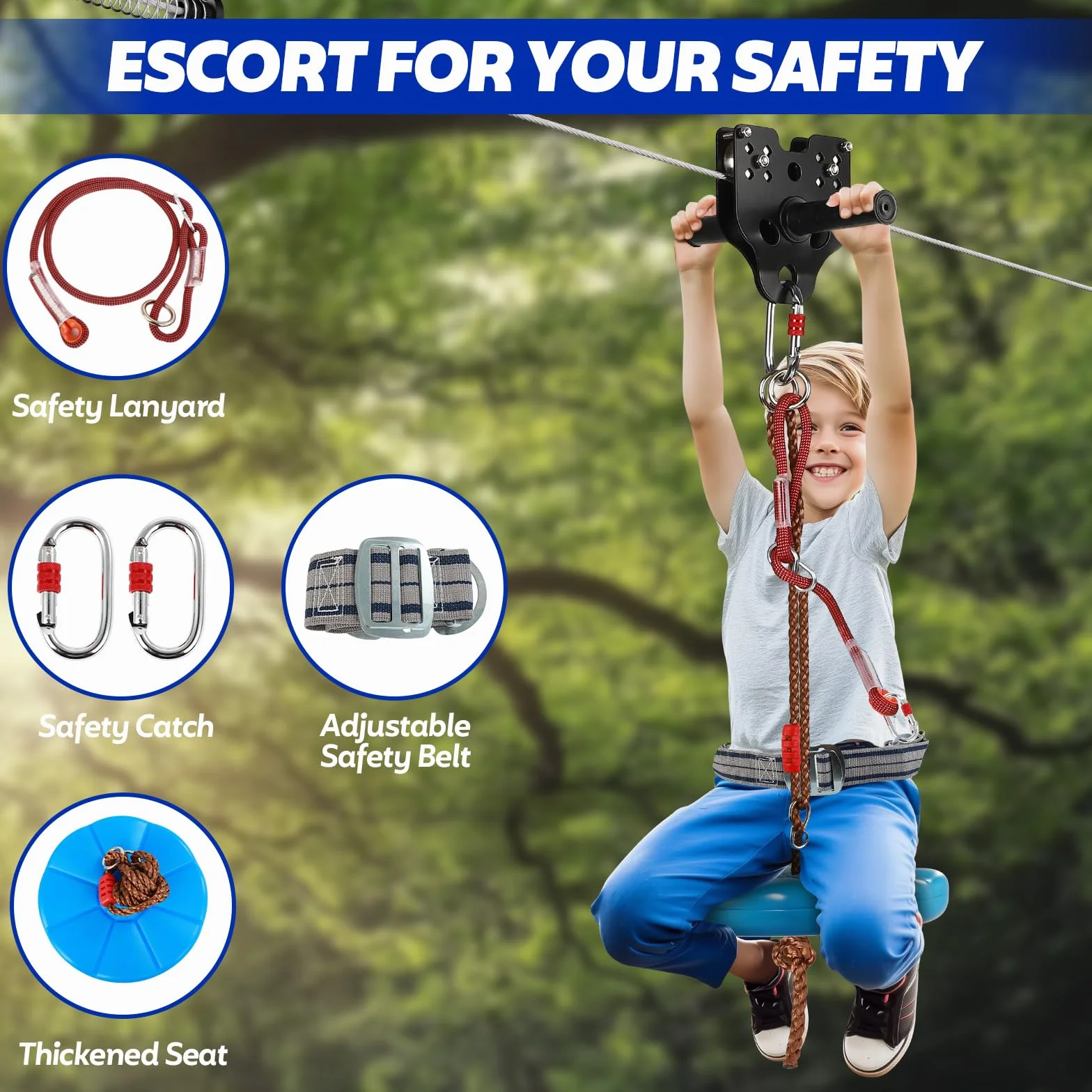 FAHKNS Kit zip line per bambini e adulti 60 m 180 kg Carrello rimovibile sedile ispessito imbracatura sicurezza