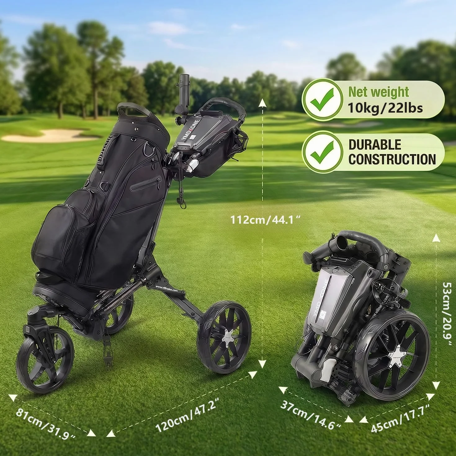 Trolley da golf 3 ruote con ruota anteriore girevole 360° pieghevole vano portaoggetti manico regolabile