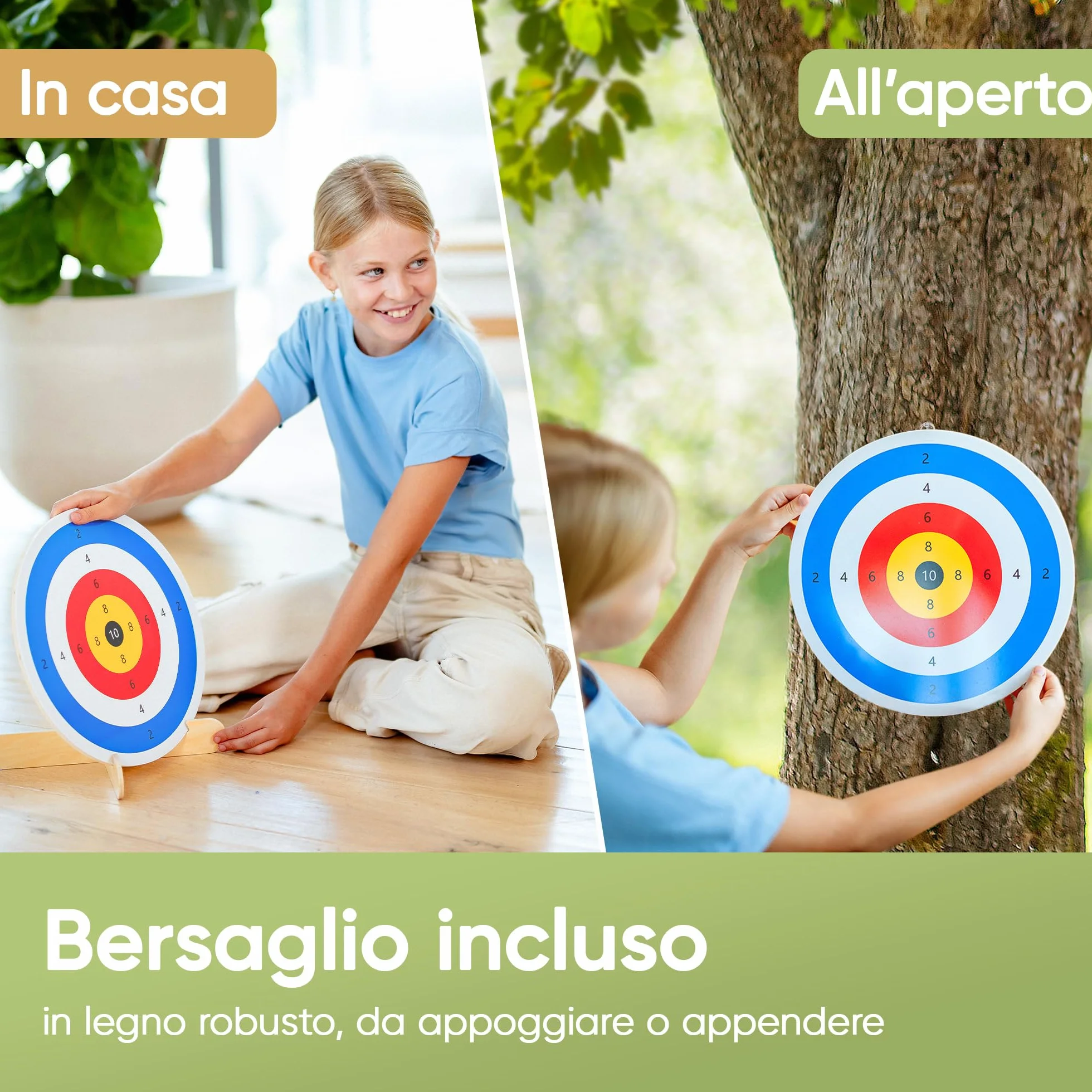 BOWRILLA® Set di Arco e Freccia per Bambini in Legno con 6 Frecce con Ventosa, Bersaglio e Faretra
