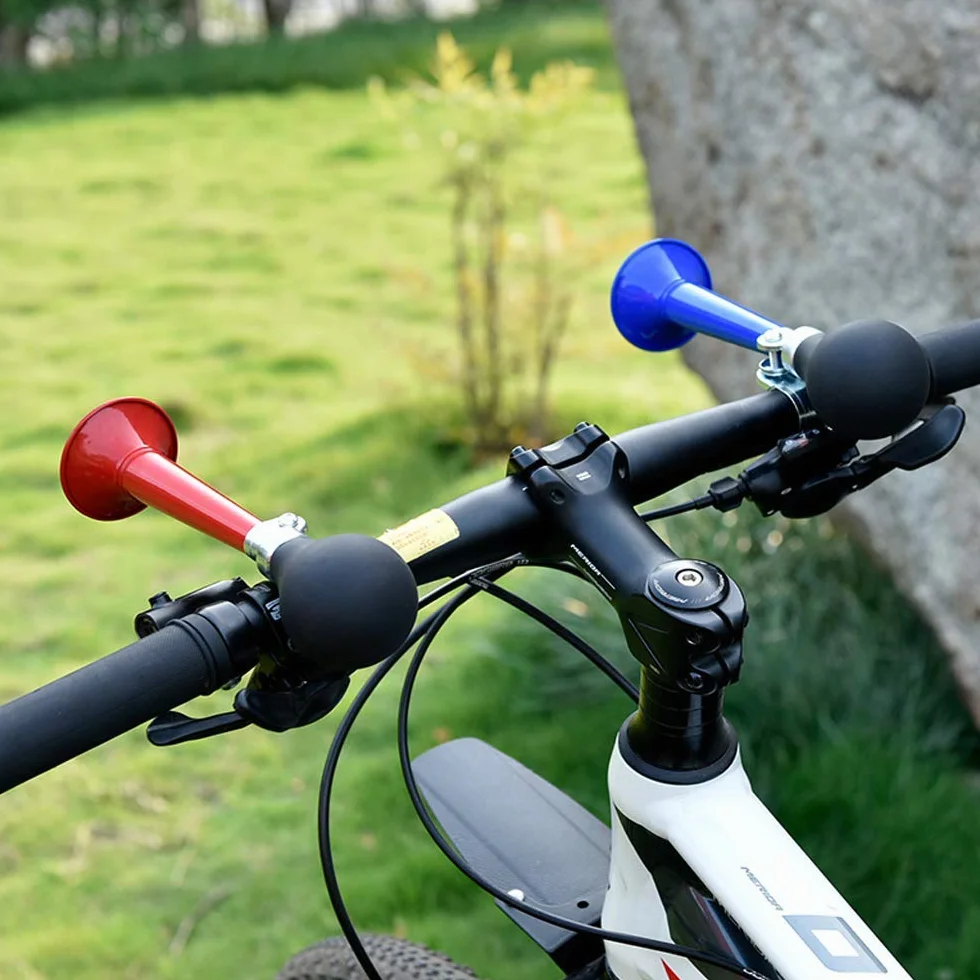 Mein HERZ 2 campanelli per bicicletta, corno in metallo cromato, 20 cm, suono di tromba (verde + rosso)