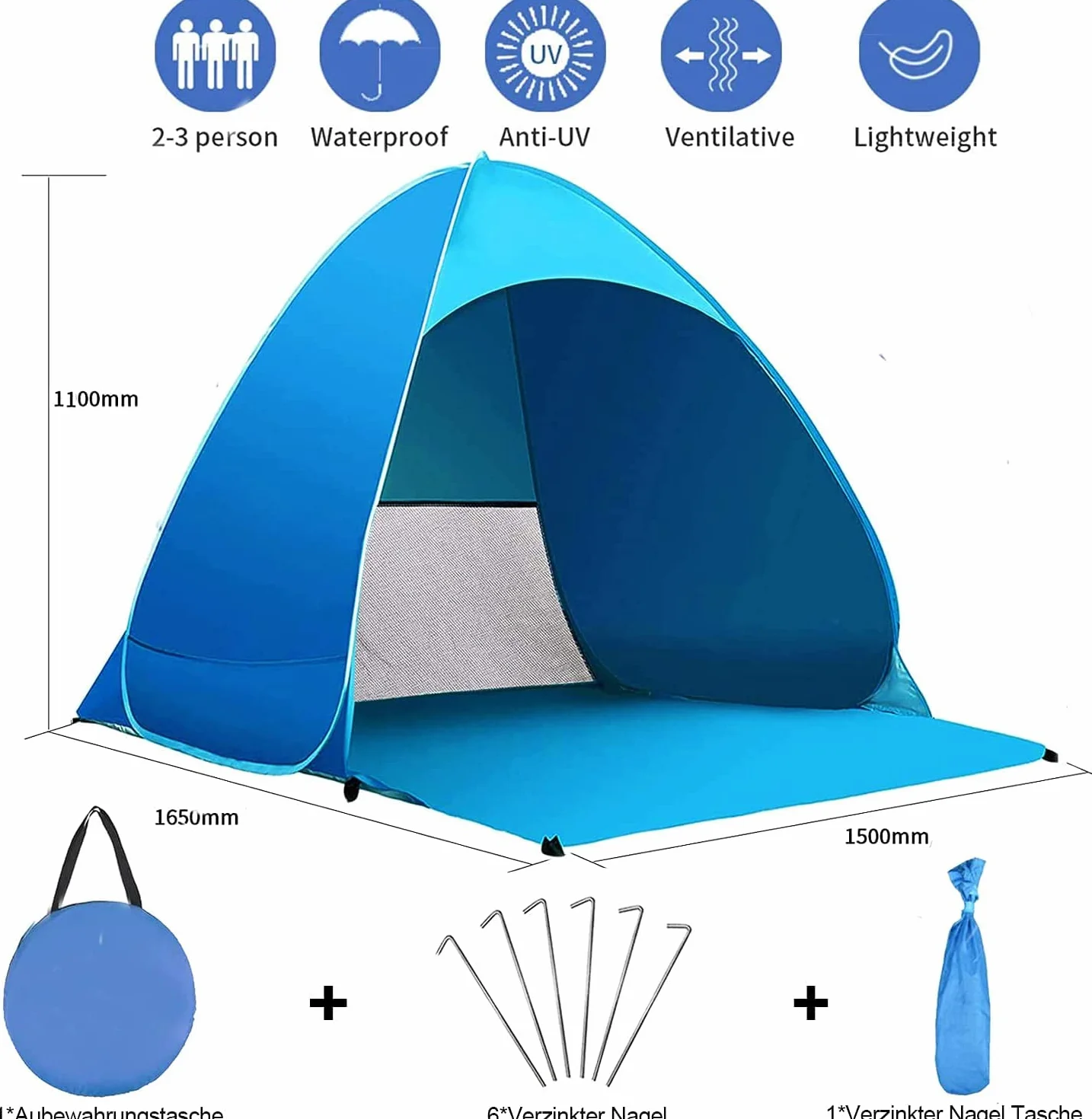 Miconi Tenda da Spiaggia Pop Up UPF 50+ 165x150x110 cm Leggera Facile da Trasportare per Vacanza Campeggio