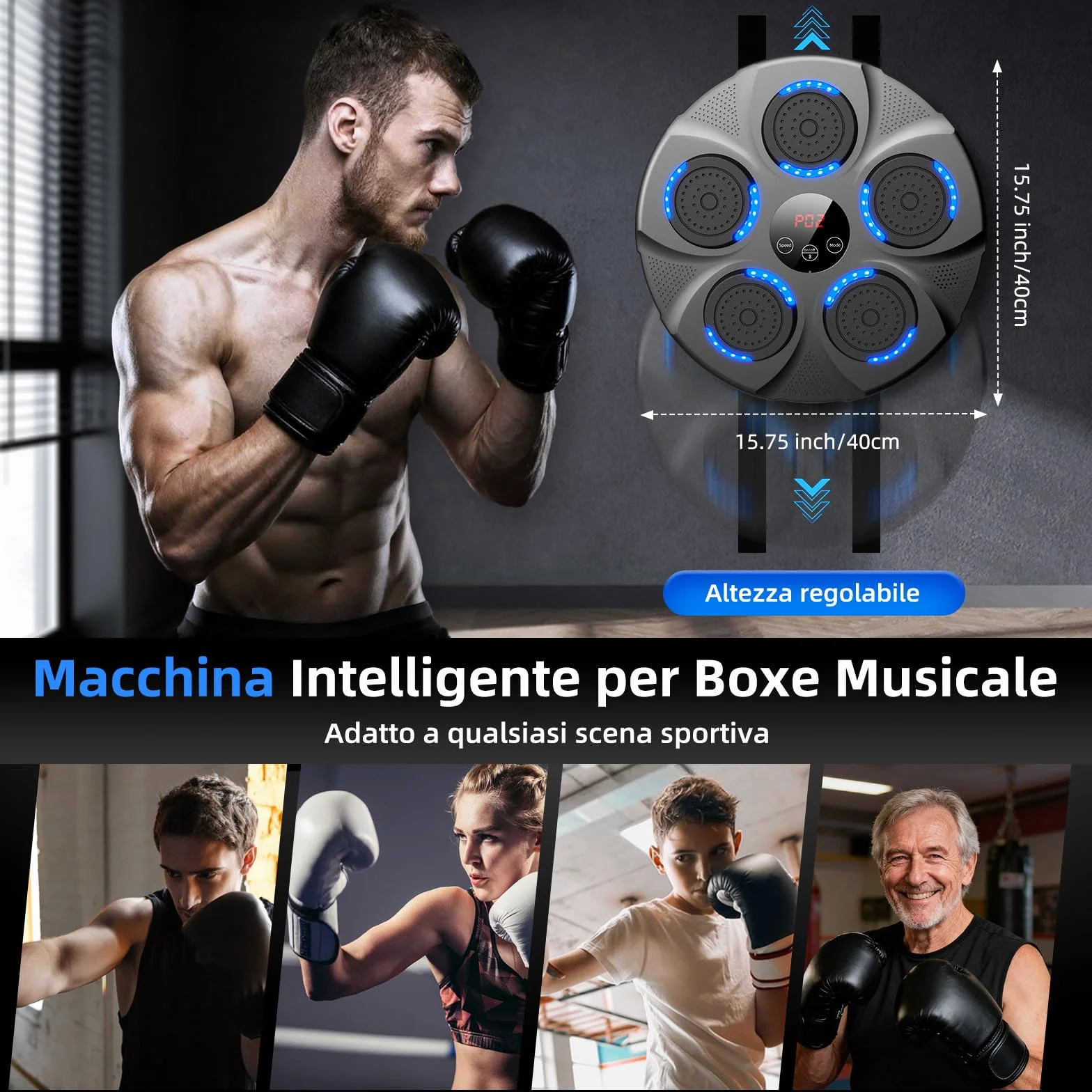 Macchina da Boxe Musicale, Macchina da Pugilato Elettronica Professionale con Guantoni, Bluetooth, 9 velocità/modalità per Bambini e Adulti, Casa, L'Ufficio, Palestra, Nero