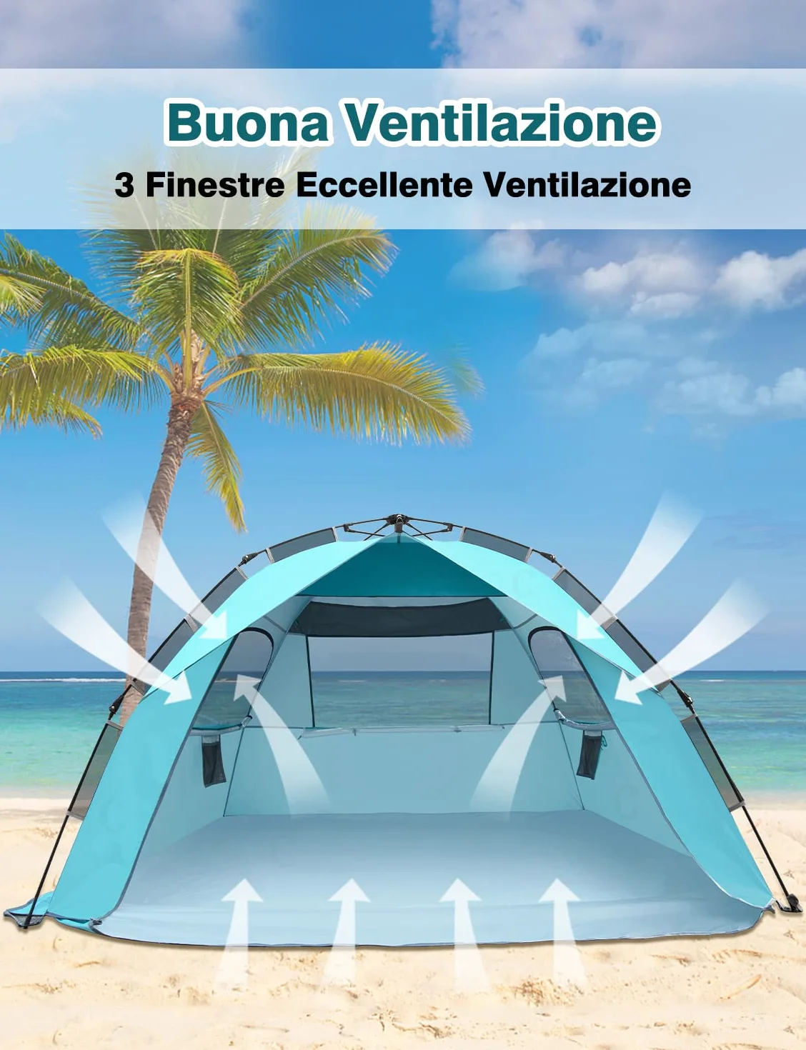 Tenda da Spiaggia Quick Up Familiare Automatica 210x200x145cm Protezione UV 50+ Antivento 4-6 Persone
