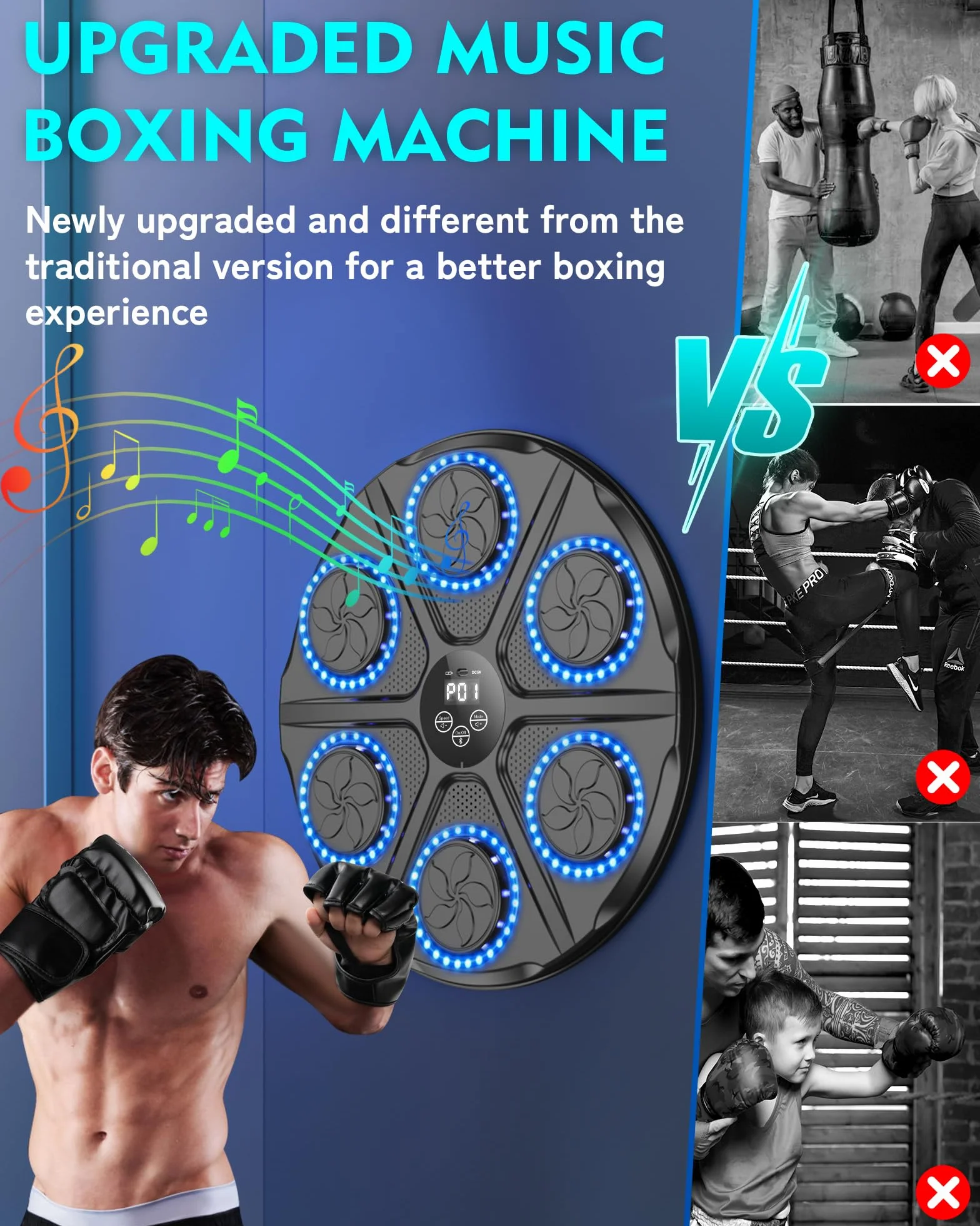 Music Boxing Machine Adulti - 12 modalità di velocità Macchina da BOXEN Musical Pugile con Guanti da Boxe - LED Musica Bluetooth Boxe Allenamento per Casa