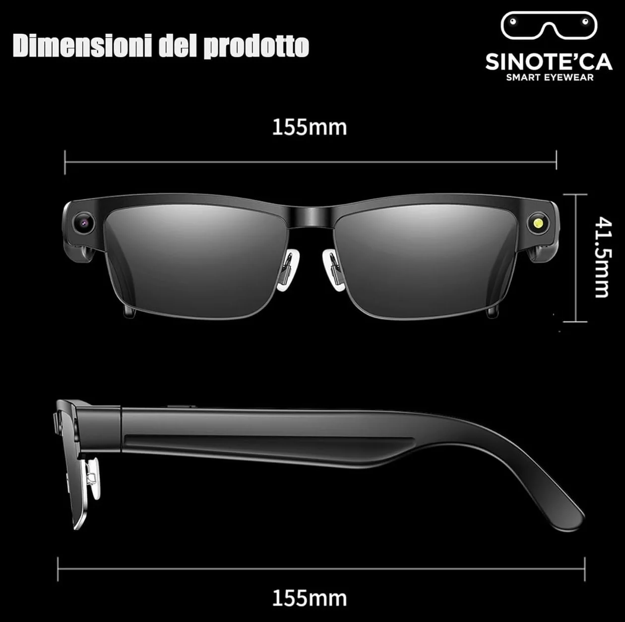 Occhiali Smart Audio Bluetooth 5.0, Montatura Nera Lenti Polarizzate Intercambiabili, Controlli Touch, 155mm