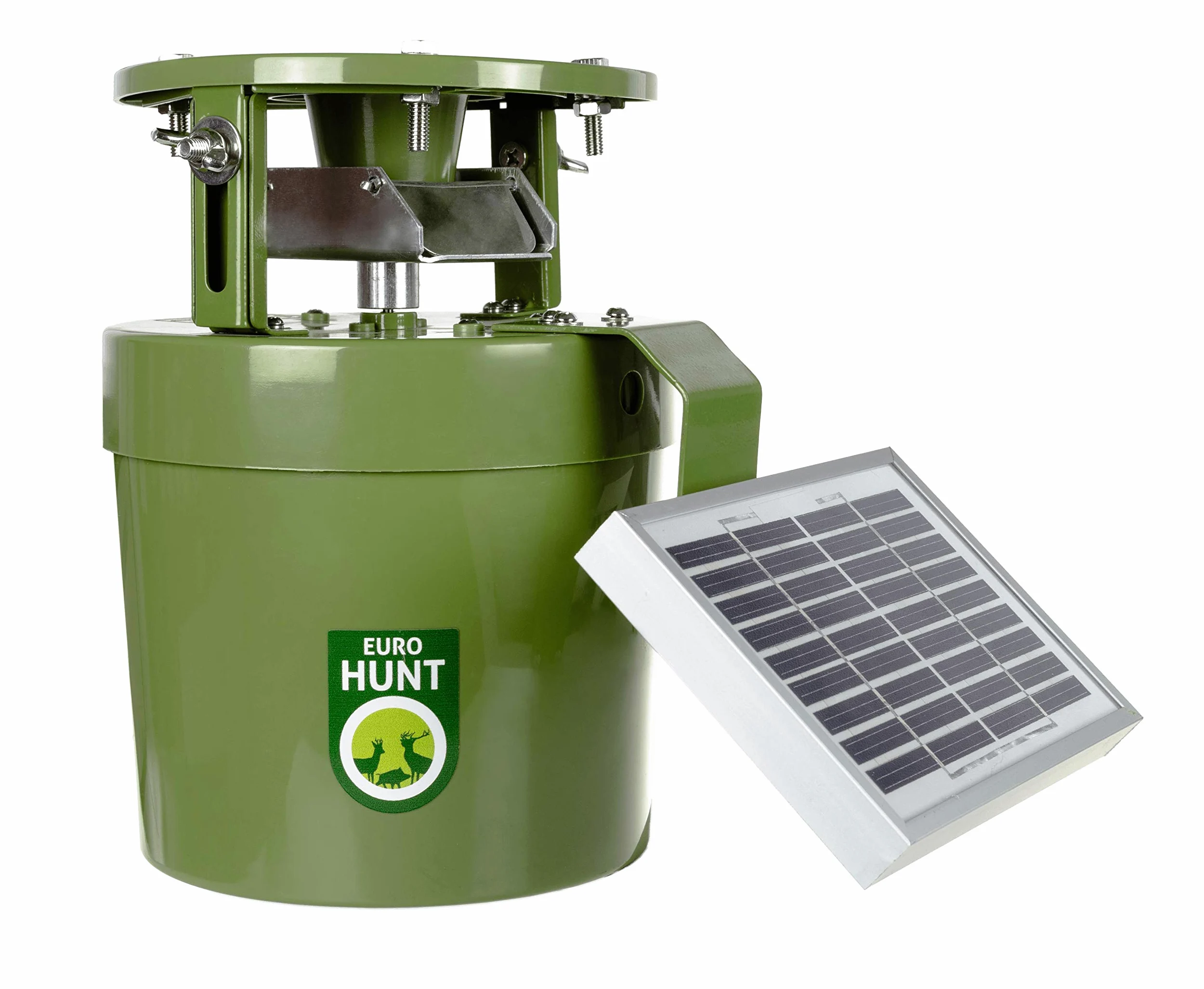 EUROHUNT - Mangiatoia Automatica Light 6 V, Set Completo, per Alimentazione Animale con Pannello Solare e Batteria 6 V + Cavo di Ricarica, Resistente alle intemperie, Verde, ca. 22,5 x 20,5 x 18 cm