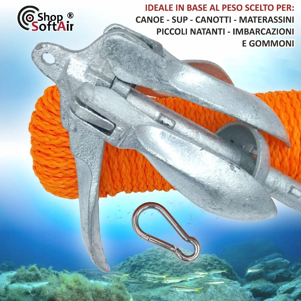 Kit Ancora a Ombrello Pieghevole in Acciaio Zincato e Cima Galleggiante 30 Metri Levilene Arancione Ormeggio e Moschettone in Acciaio Inox Aisi 316