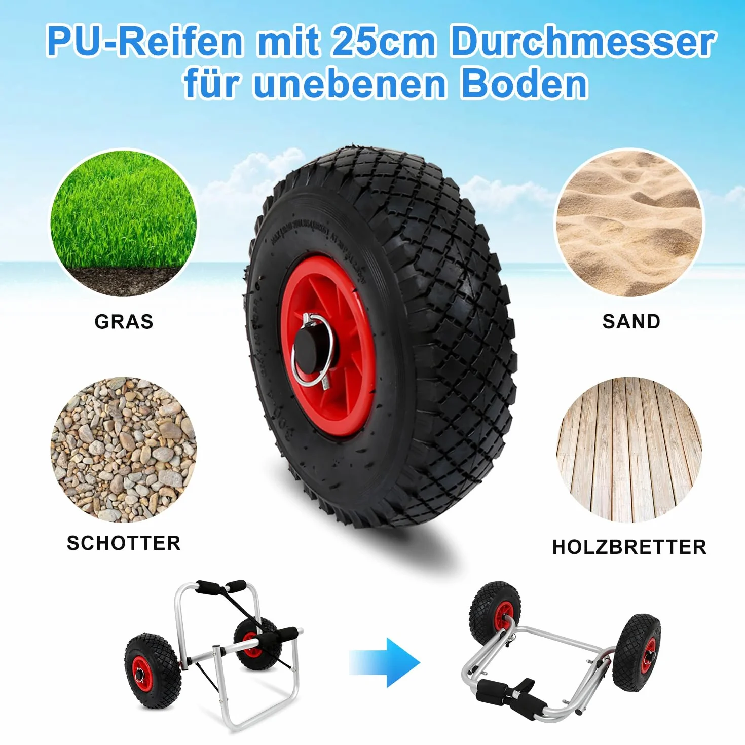 Carrello Pieghevole per Kayak in Alluminio, 100 kg, Ruote PU 26 cm, Cintura PP
