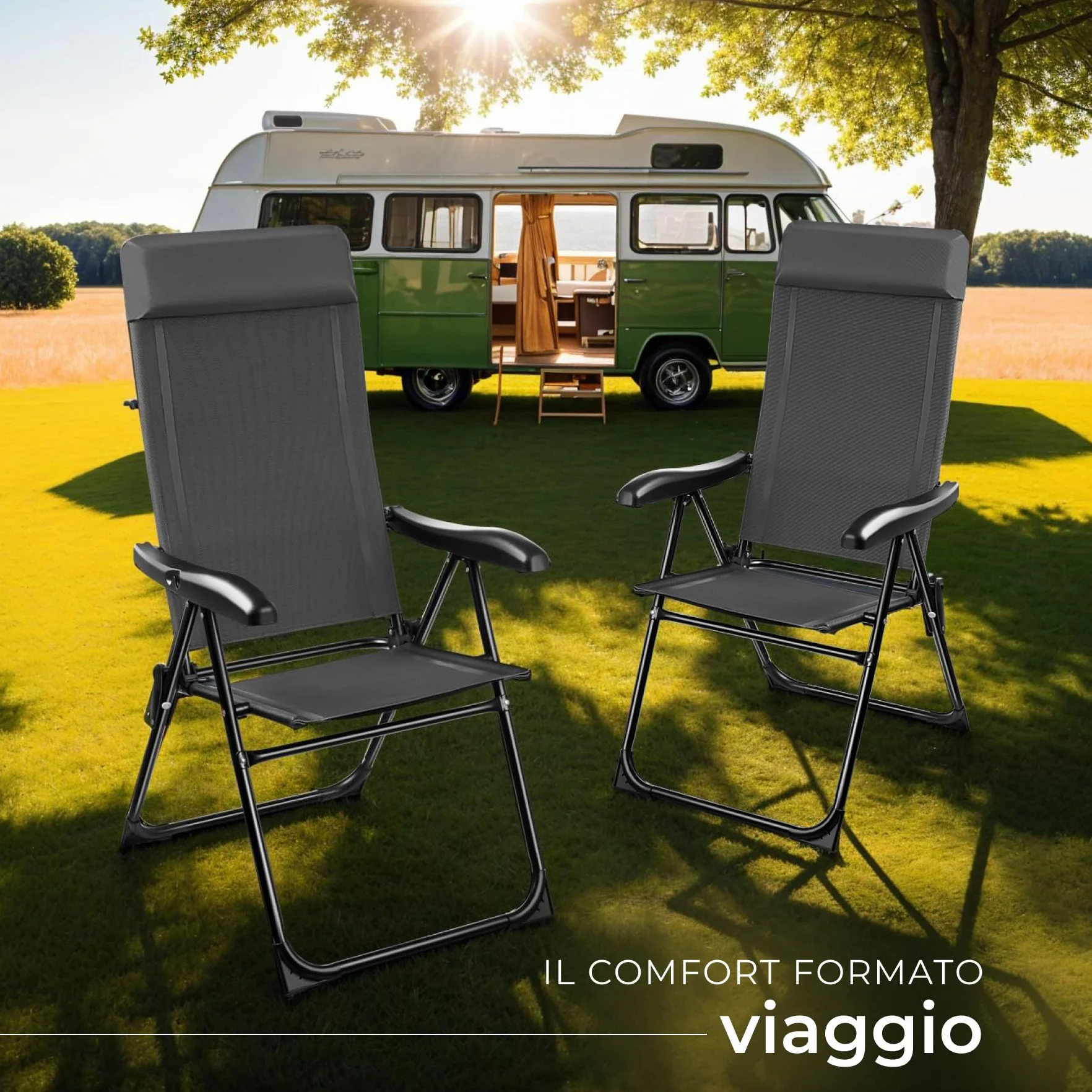 tectake® Set 2 Sedie Campeggio Pieghevoli, Schienale Regolabile 7 Posizioni, Alluminio Inossidabile, Textilene Traspirante, Braccioli Ergonomici, Cuscino Poggiatesta Rimovibile Antiscivolo - Antracite